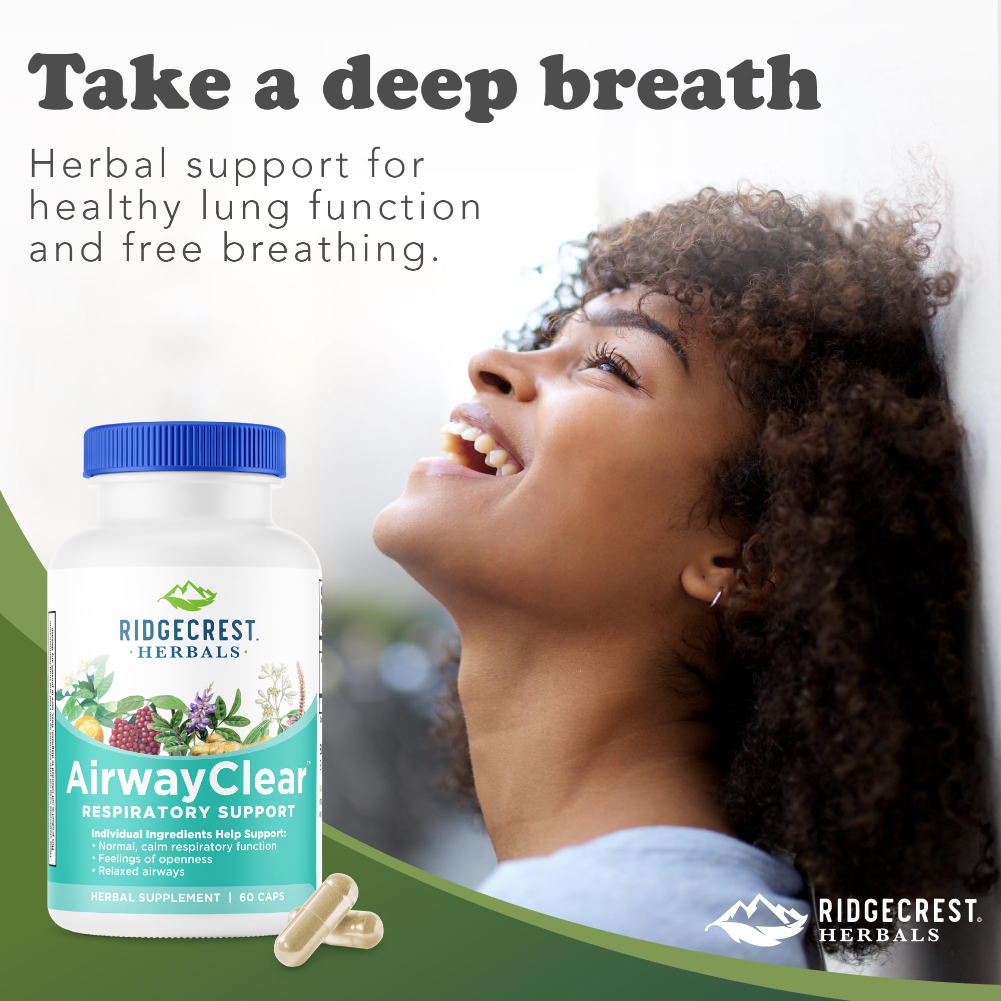 RidgeCrest AirwayClear product montage showing chest comfort cues.