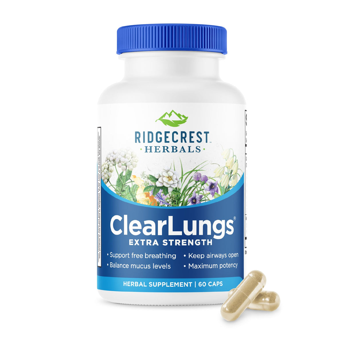 RidgeCrest ClearLungs Extra Strength bottle close-up for respiratory support.