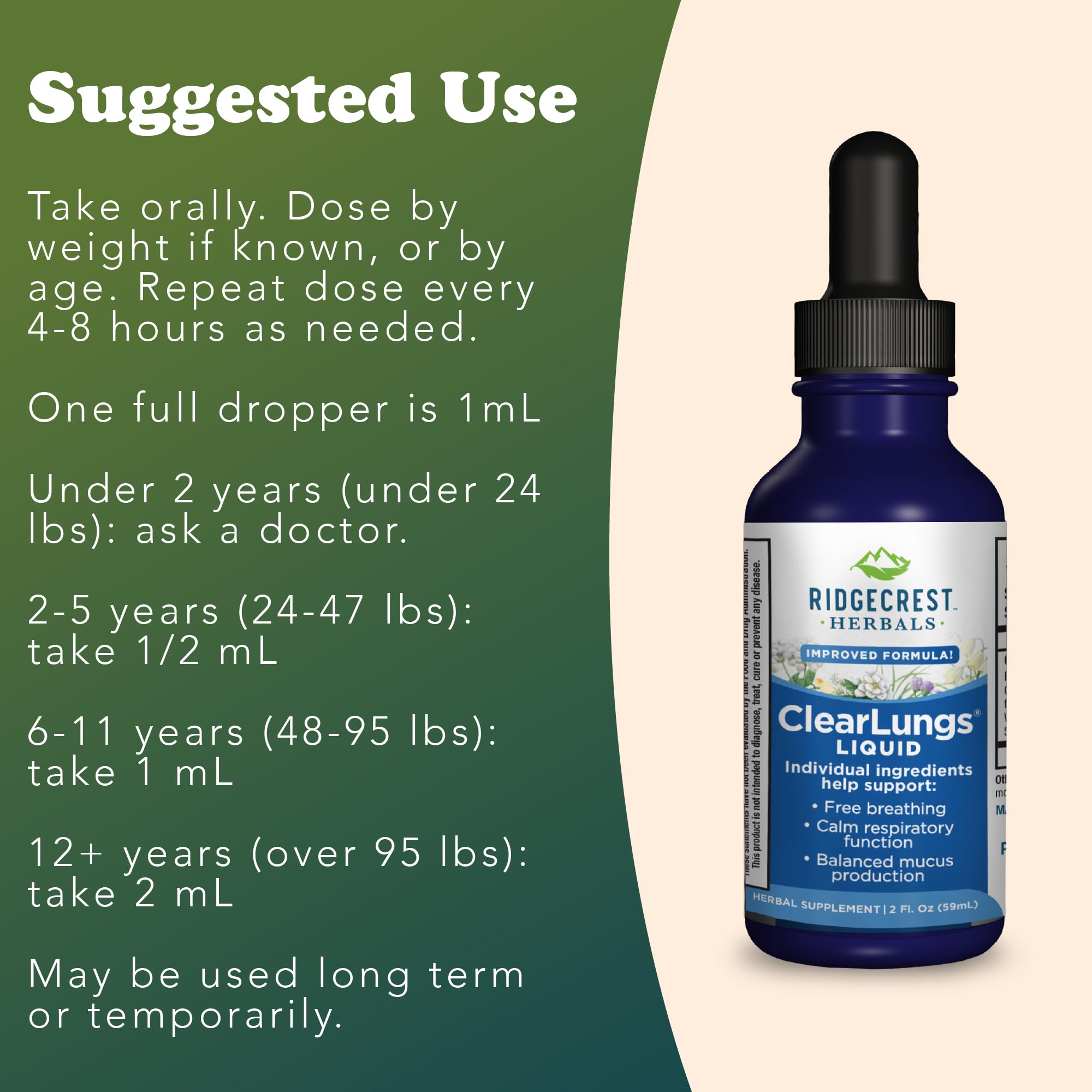 Close-up of RidgeCrest ClearLungs bottle and dropper displaying alcohol-free liquid.