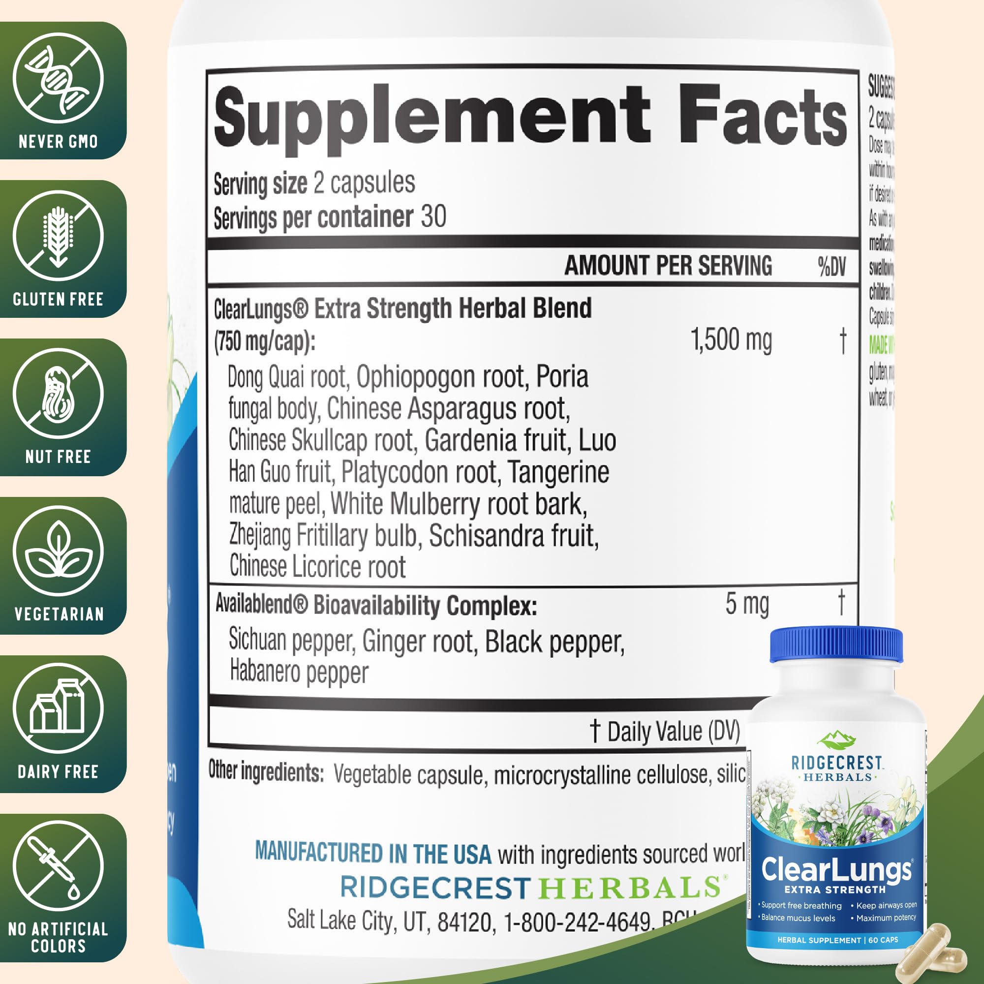 RidgeCrest ClearLungs label detail highlighting natural ingredients.