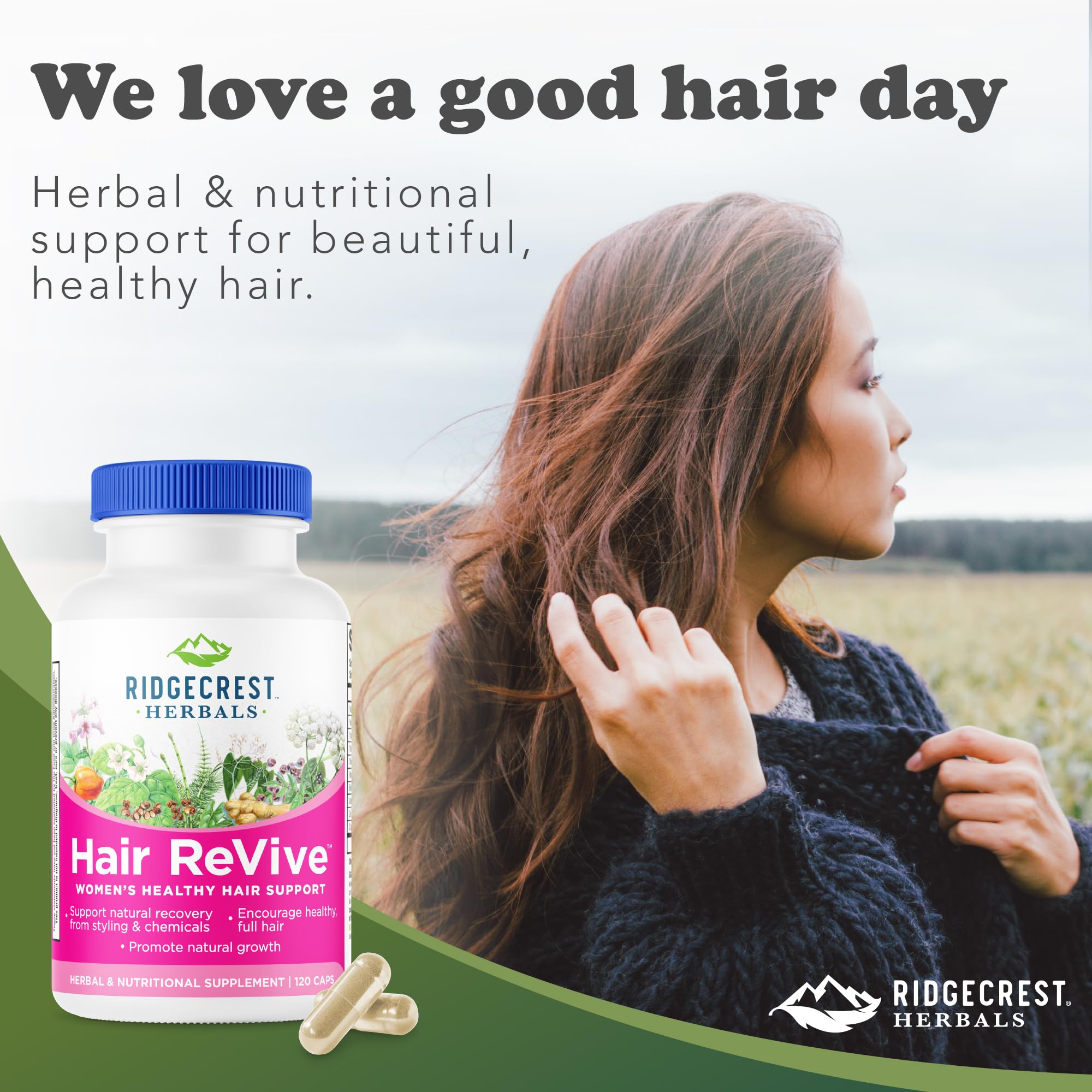 RidgeCrest Hair ReVive bottle beside kelp and botanicals suggesting natural nourishment.
