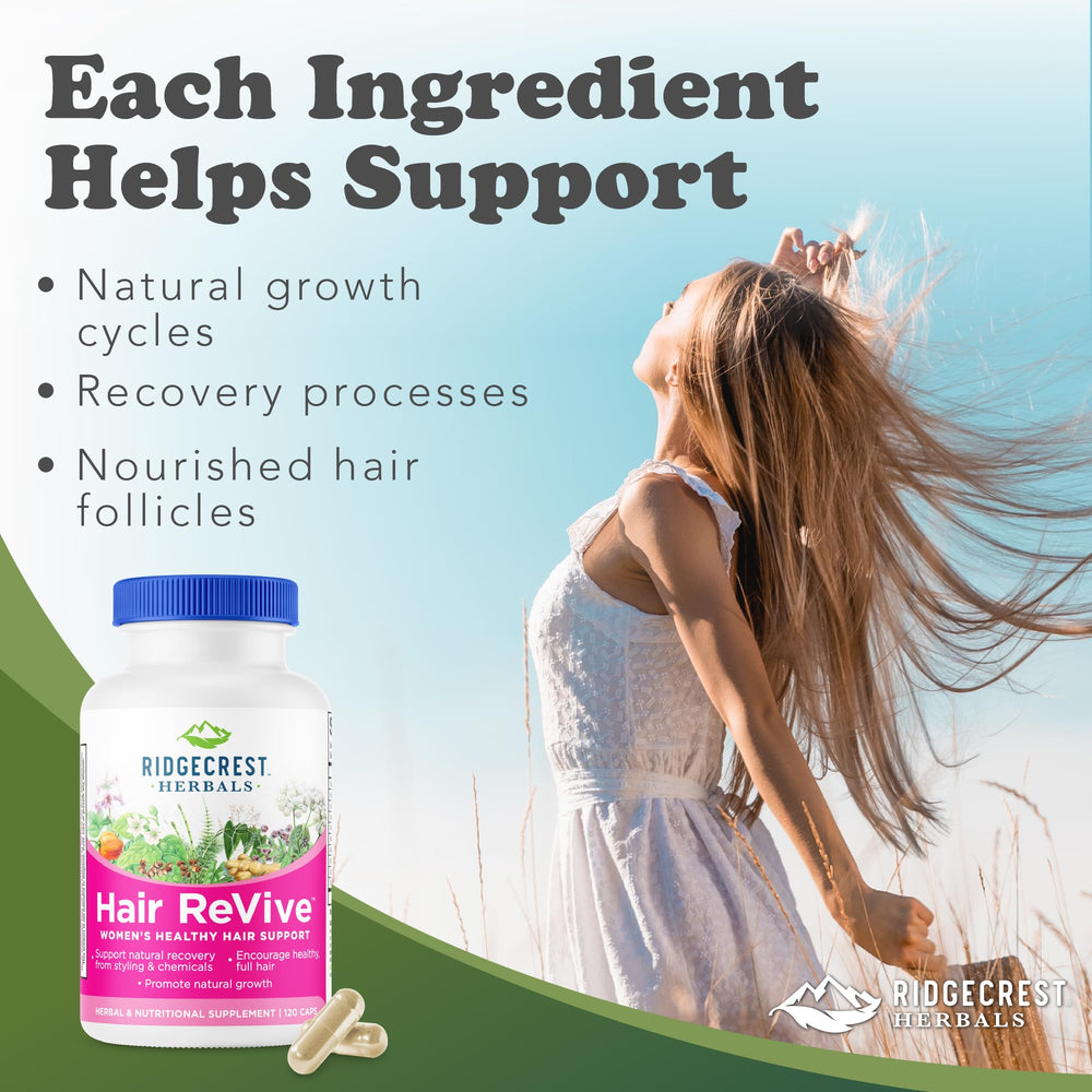 RidgeCrest Hair ReVive capsules close-up showing supplement details for hair, skin, and nails.