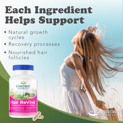 RidgeCrest Hair ReVive capsules close-up showing supplement details for hair, skin, and nails.
