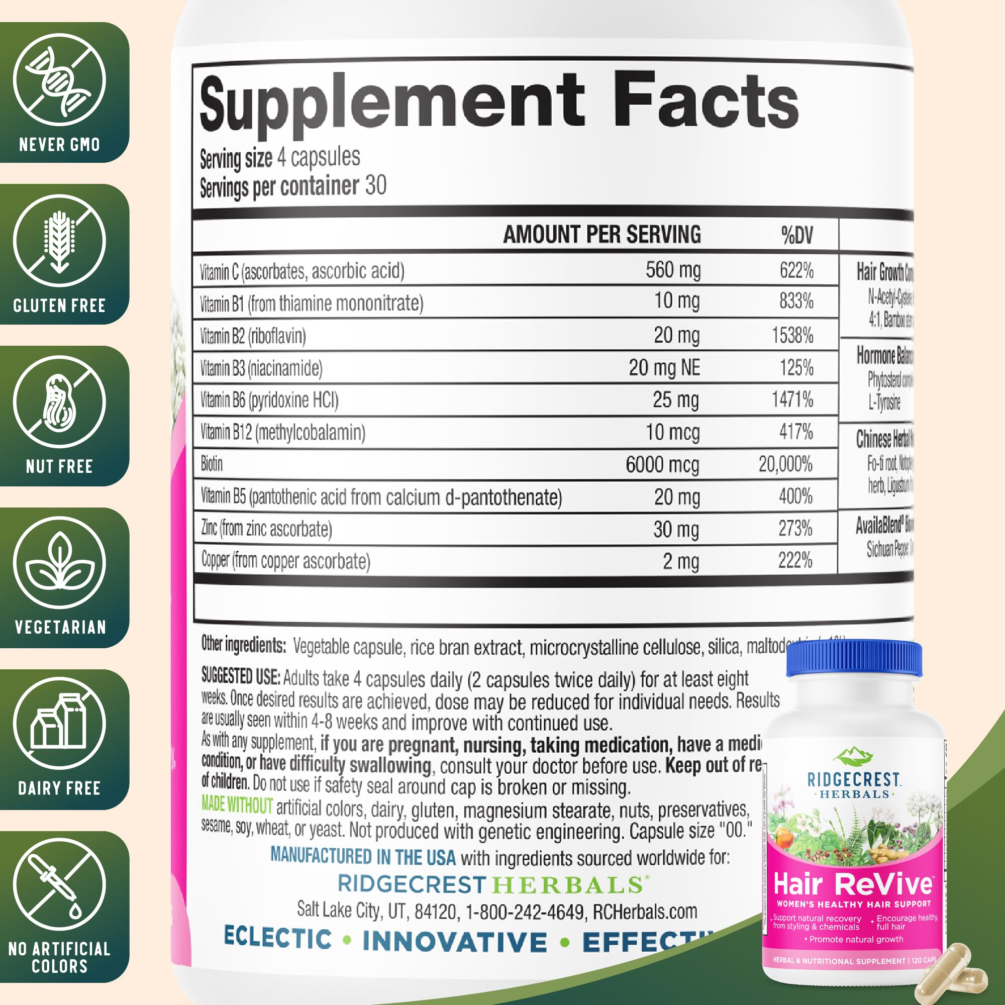 RidgeCrest Hair ReVive label front highlighting vitamins and minerals for vitality.