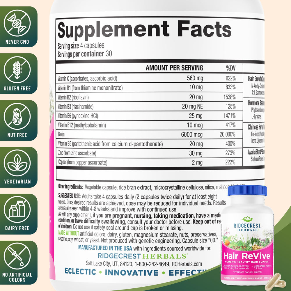 RidgeCrest Hair ReVive label front highlighting vitamins and minerals for vitality.