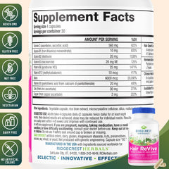 RidgeCrest Hair ReVive label front highlighting vitamins and minerals for vitality.