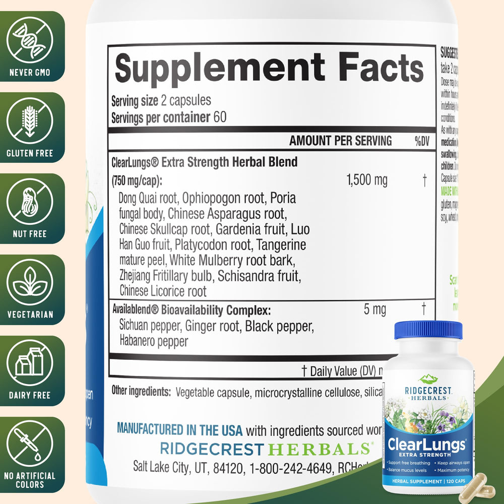 RidgeCrest ClearLungs Extra Strength label close-up highlights ingredients