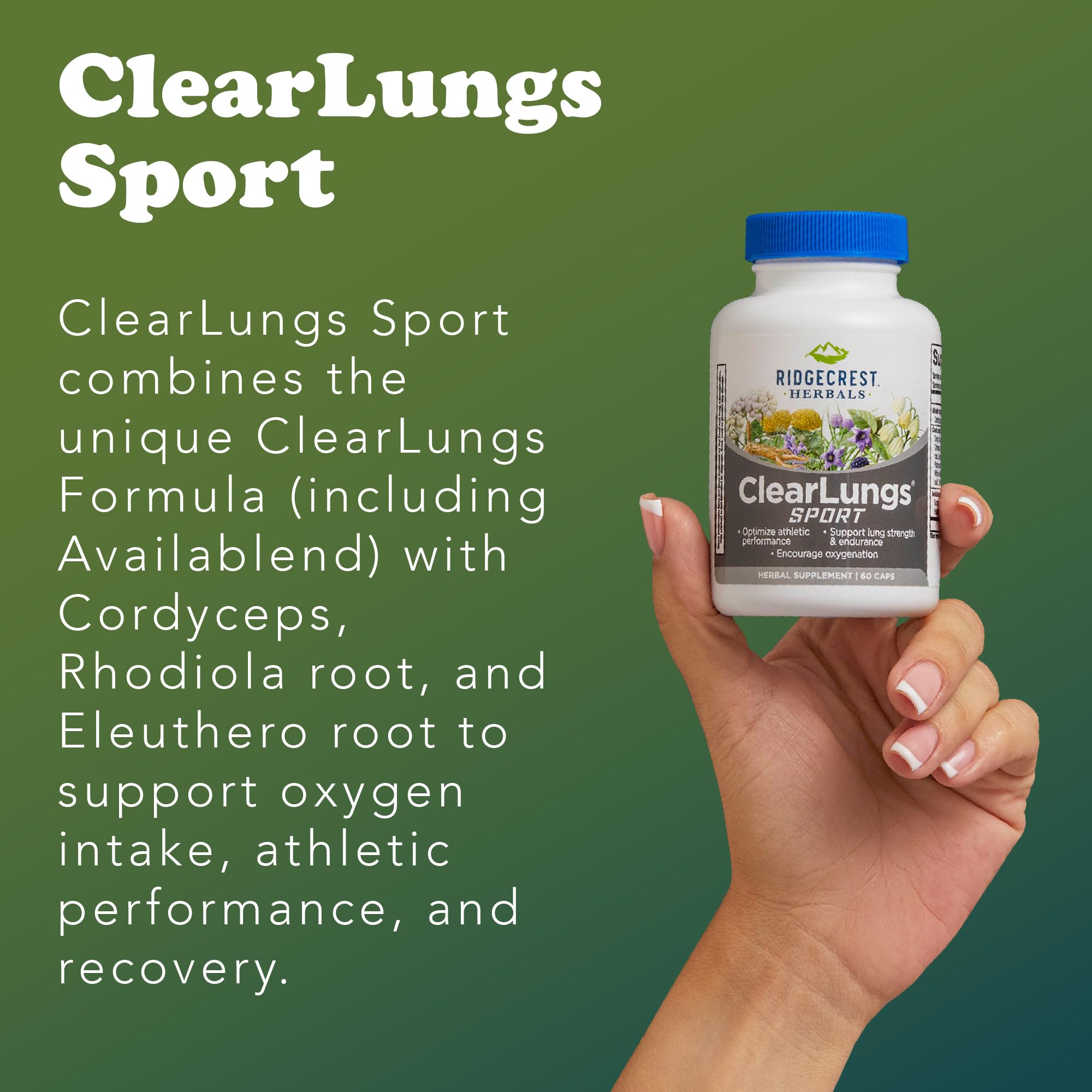 RidgeCrest ClearLungs Sport open bottle ready for daily use to support breathing rhythms.