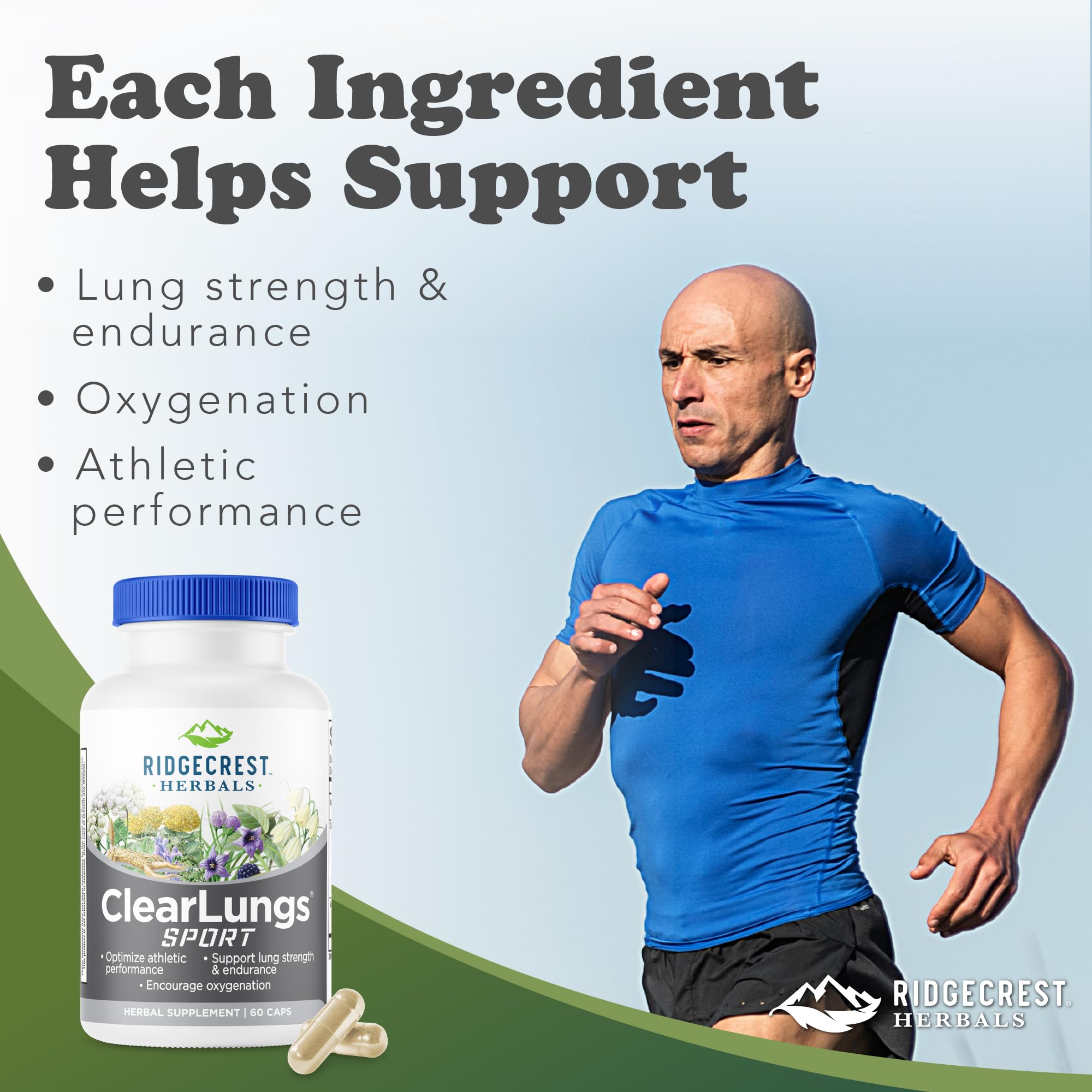 RidgeCrest ClearLungs Sport capsules highlight plant-based ingredients for respiratory comfort.