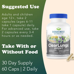 RidgeCrest ClearLungs Sport ingredient blend featuring Cordyceps and Rhodiola for endurance support.