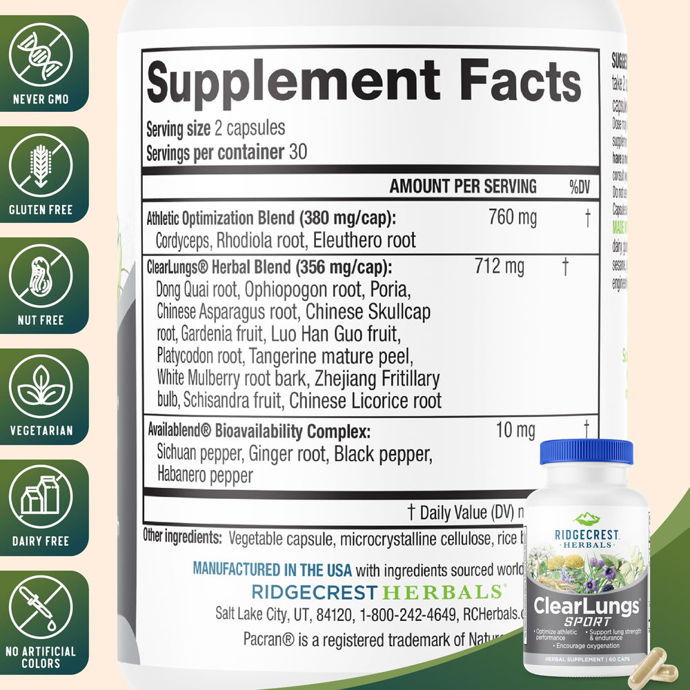RidgeCrest ClearLungs Sport label front promising respiratory support on the go.