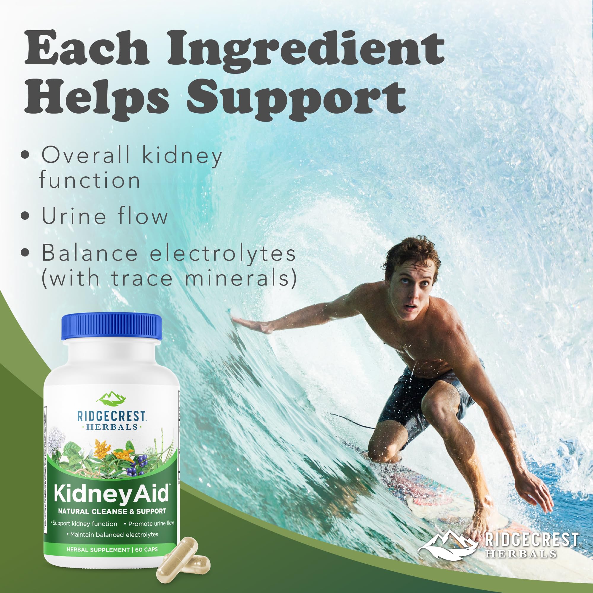 RidgeCrest Herbals KidneyAid bottle pour demonstrates simple daily use with water