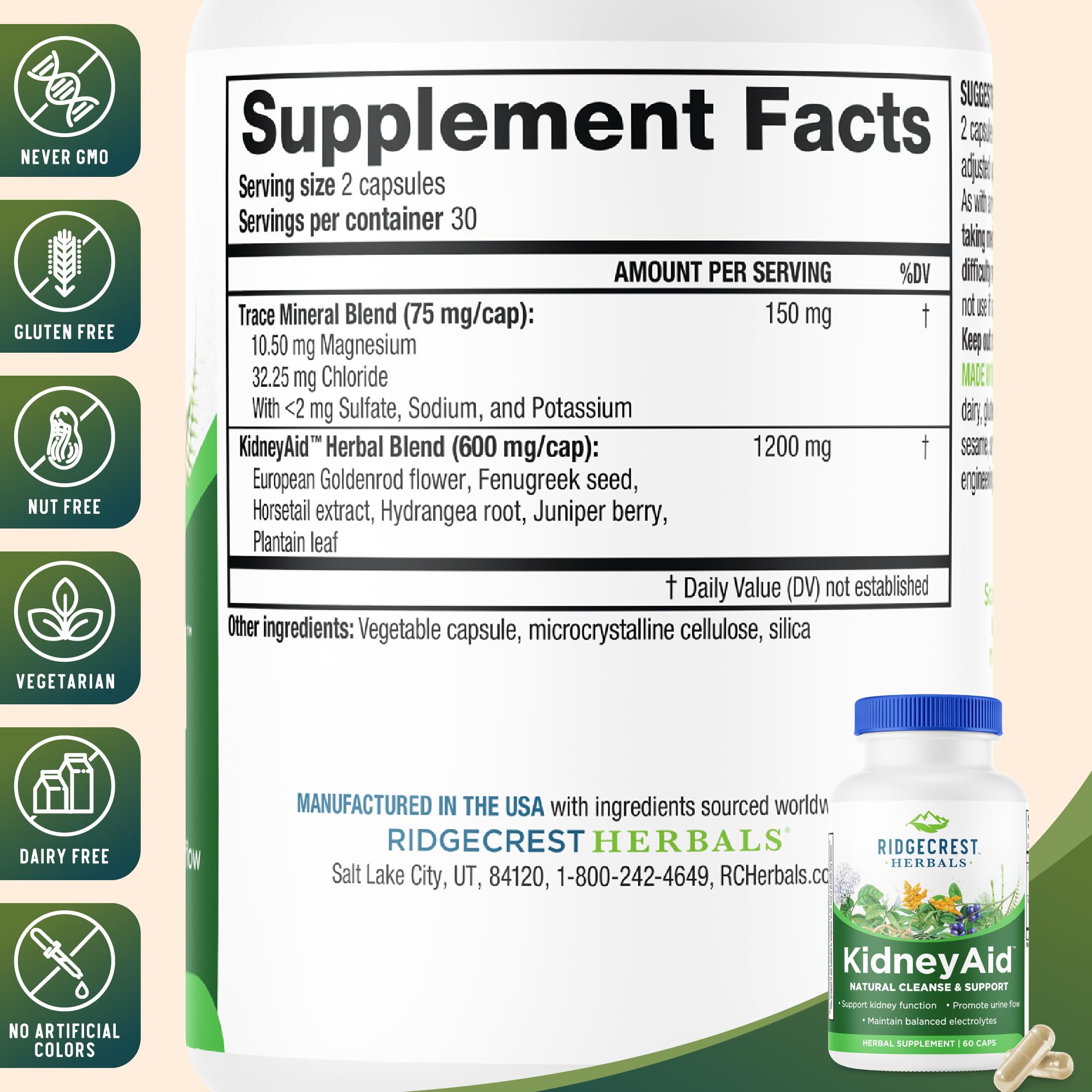 RidgeCrest Herbals KidneyAid capsules close-up shows a natural formula for urinary comfort