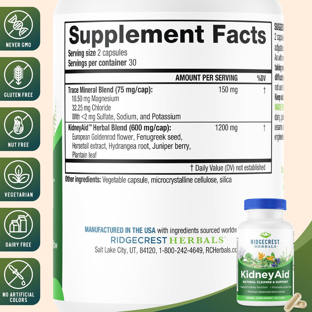 RidgeCrest Herbals KidneyAid capsules close-up shows a natural formula for urinary comfort