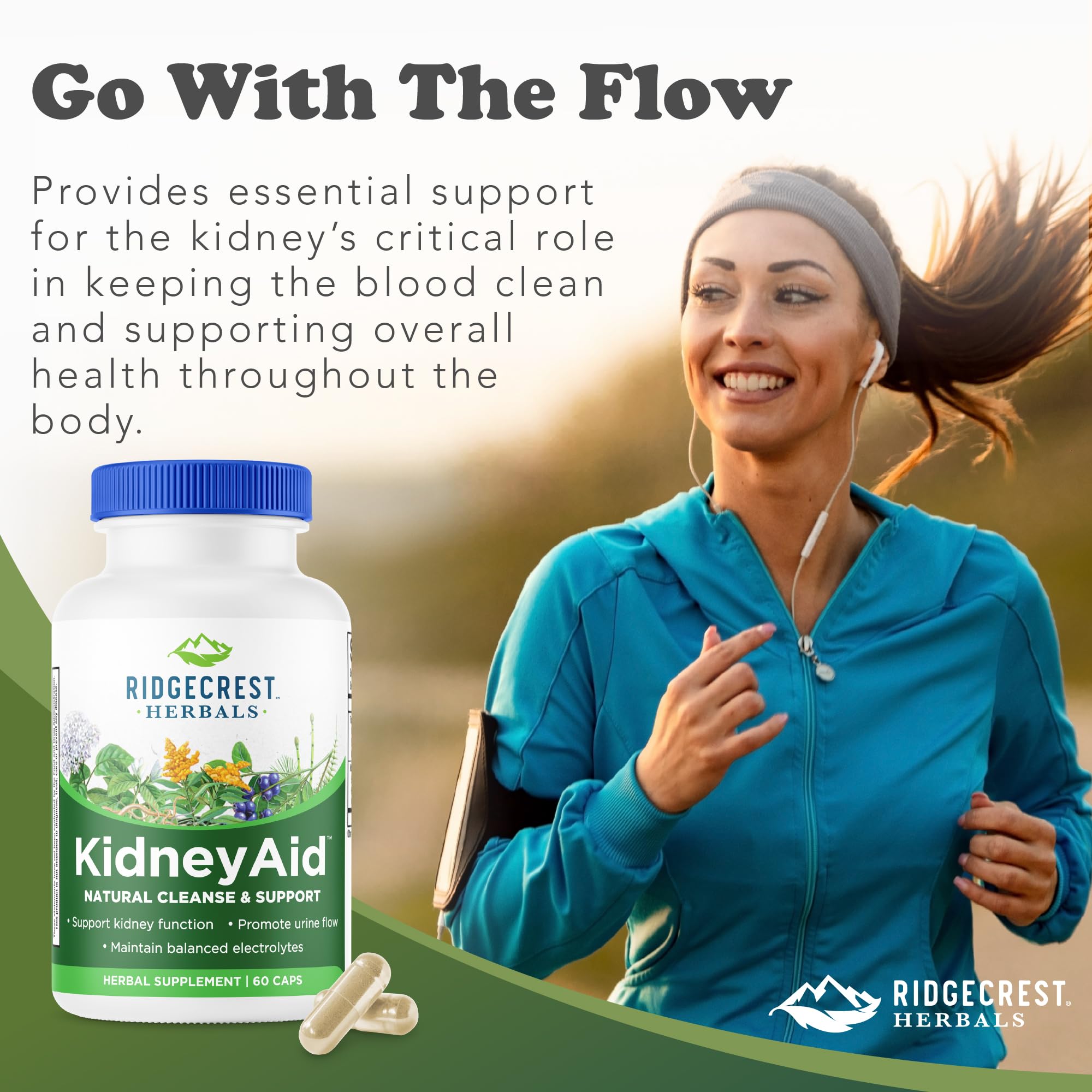 RidgeCrest Herbals KidneyAid daily-use scene with capsules and glass of water