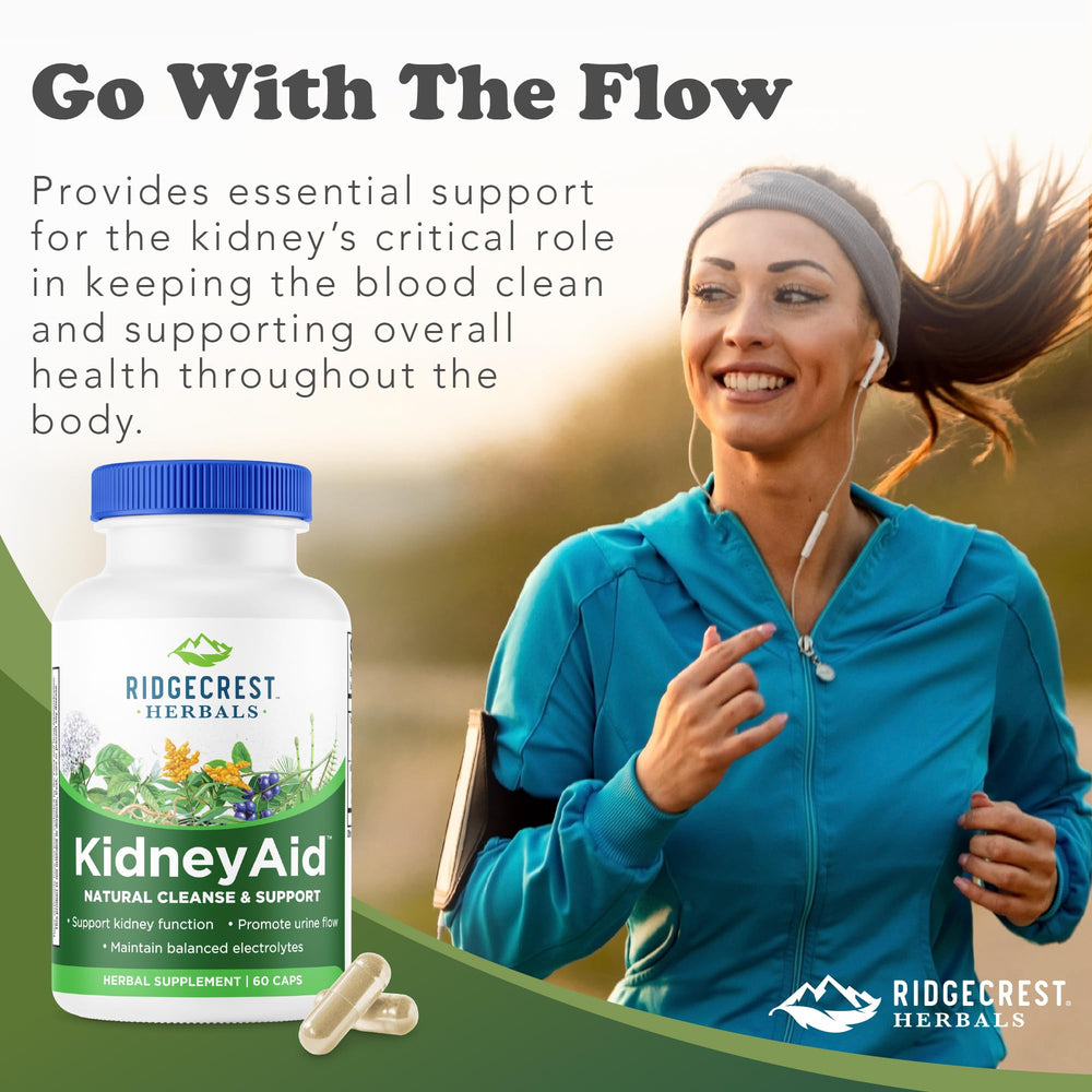 RidgeCrest Herbals KidneyAid daily-use scene with capsules and glass of water