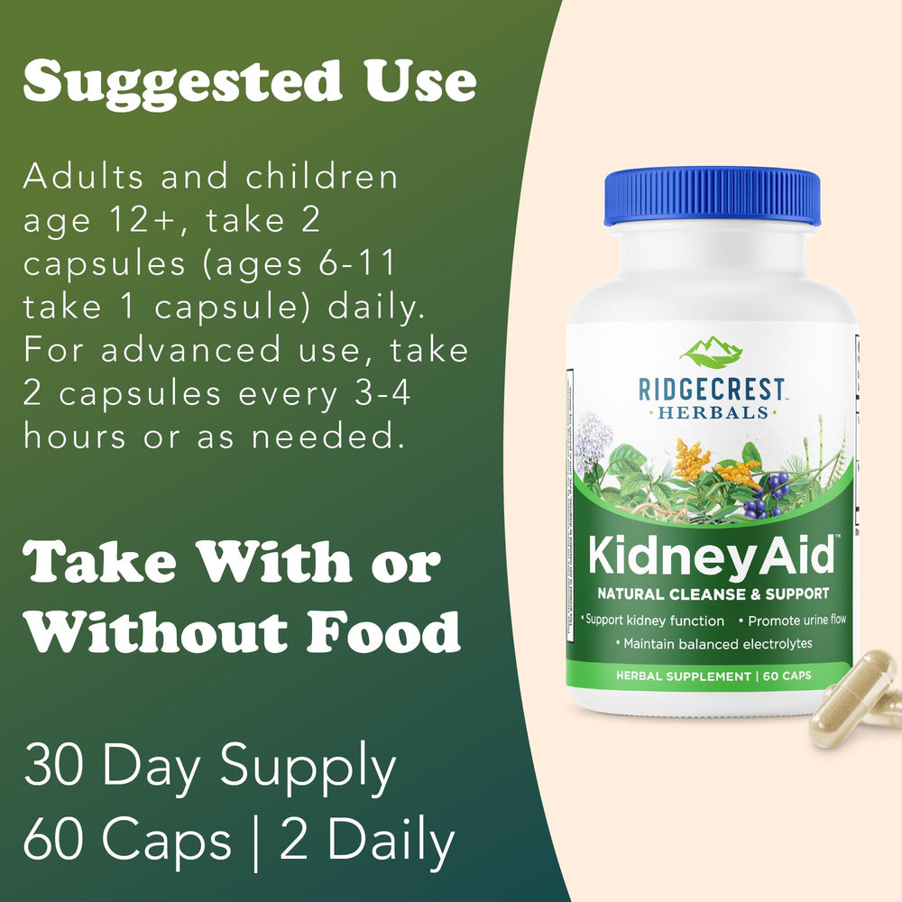 RidgeCrest Herbals KidneyAid ingredients graphic highlights Hydrangea, Horsetail, and minerals