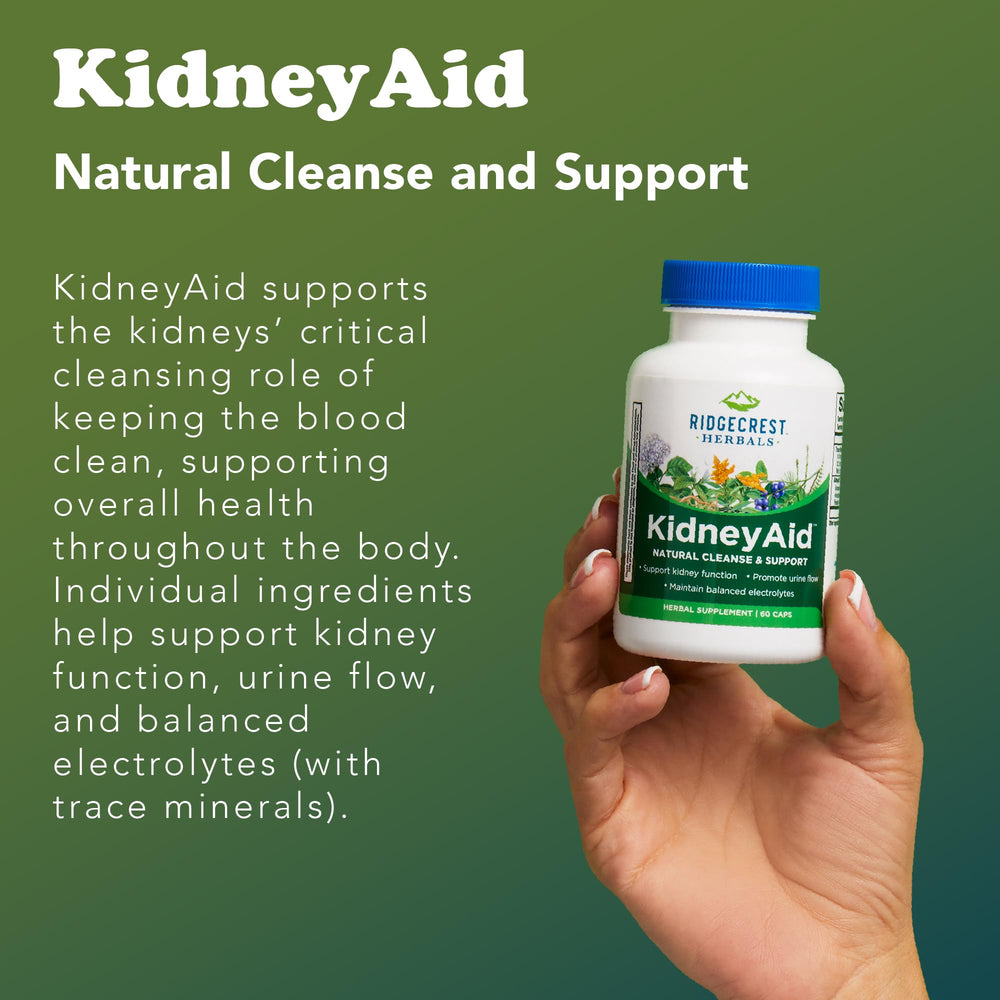 RidgeCrest Herbals KidneyAid packaging box showcases herbal blend and dosing details