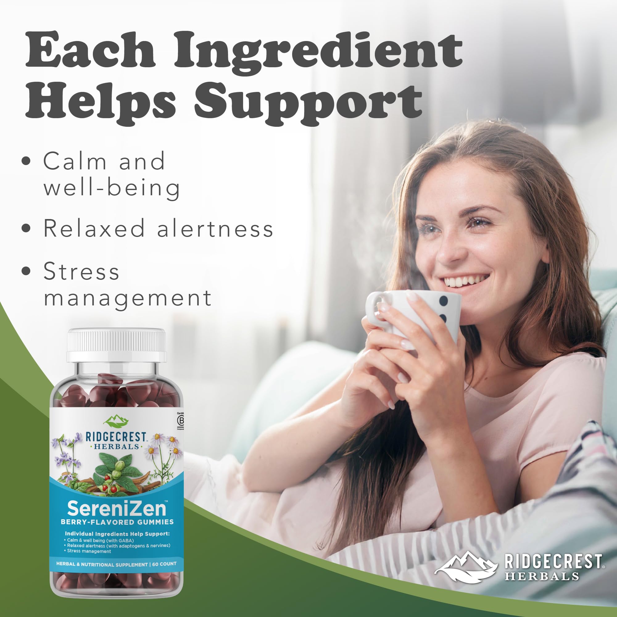 RidgeCrest SereniZen gummies with Ashwagandha on the label for nervous system support.