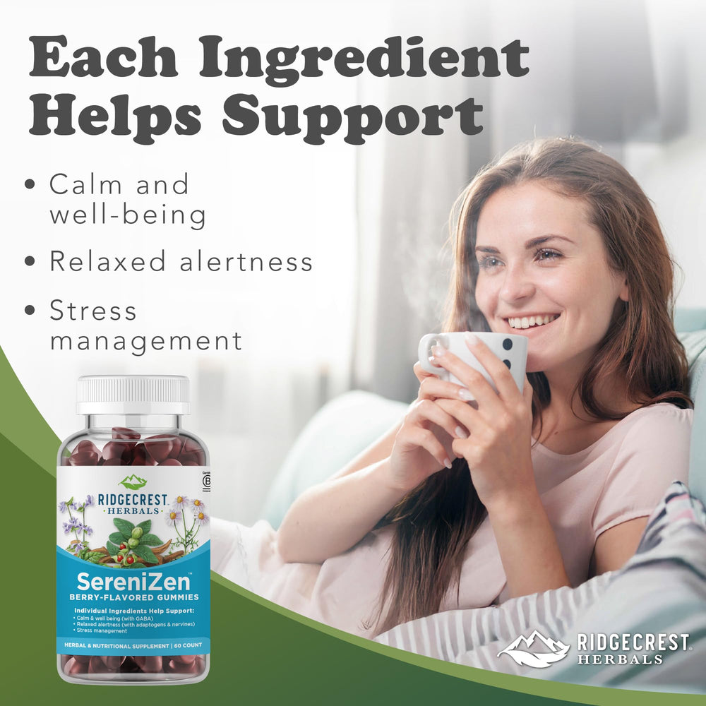 RidgeCrest SereniZen gummies with Ashwagandha on the label for nervous system support.