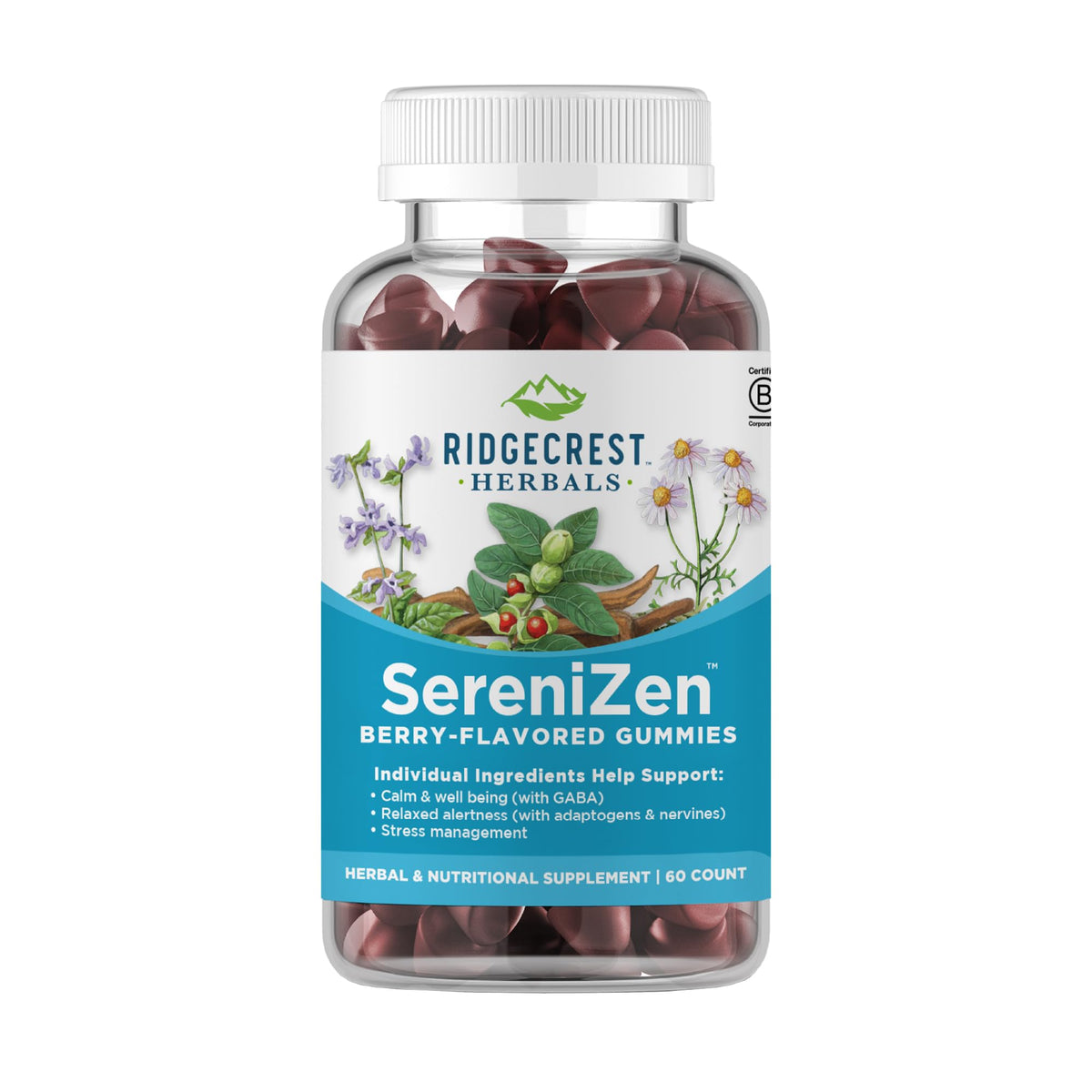 RidgeCrest SereniZen bottle with gummies for daily calm and balance.