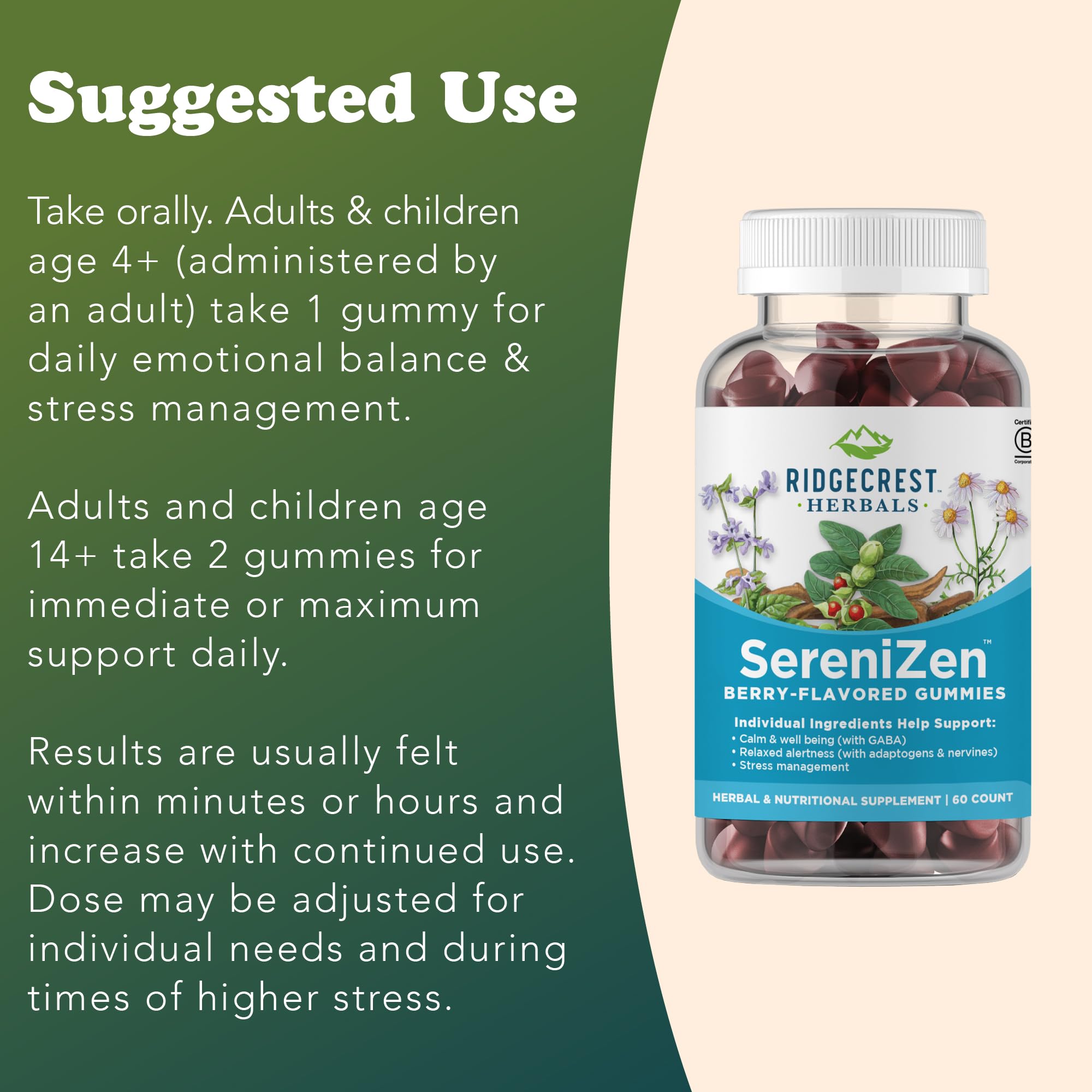 RidgeCrest SereniZen gummies close-up highlighting GABA and L-Theanine.
