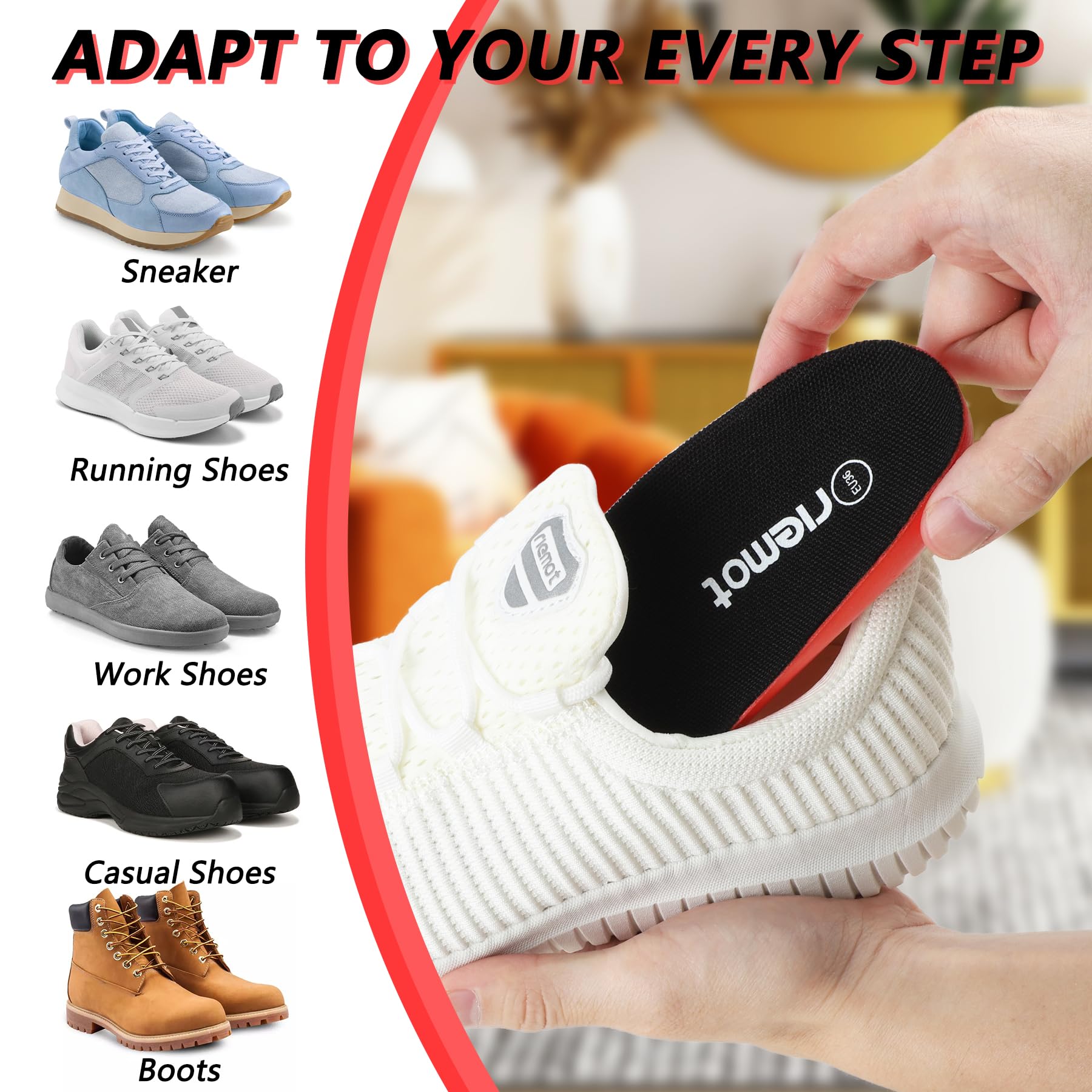 riemot trim-to-fit insoles adapt to most sneakers and hiking shoes