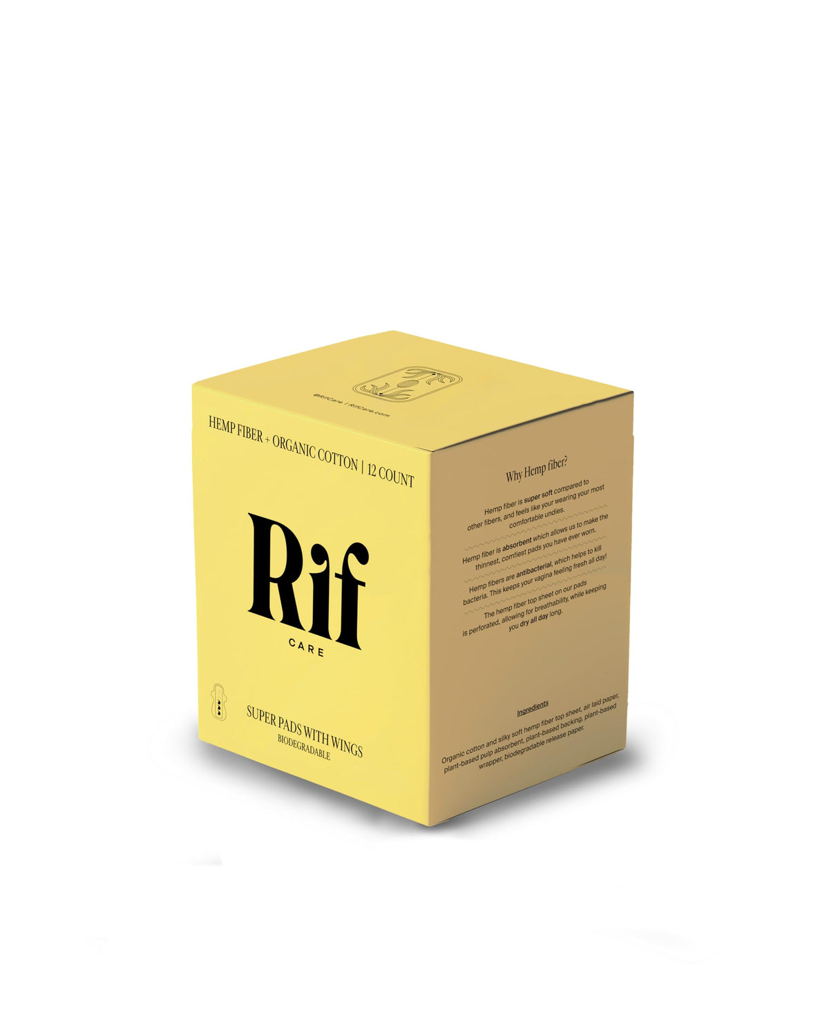Rif Care organic hemp pad with wings for secure placement and quick absorption