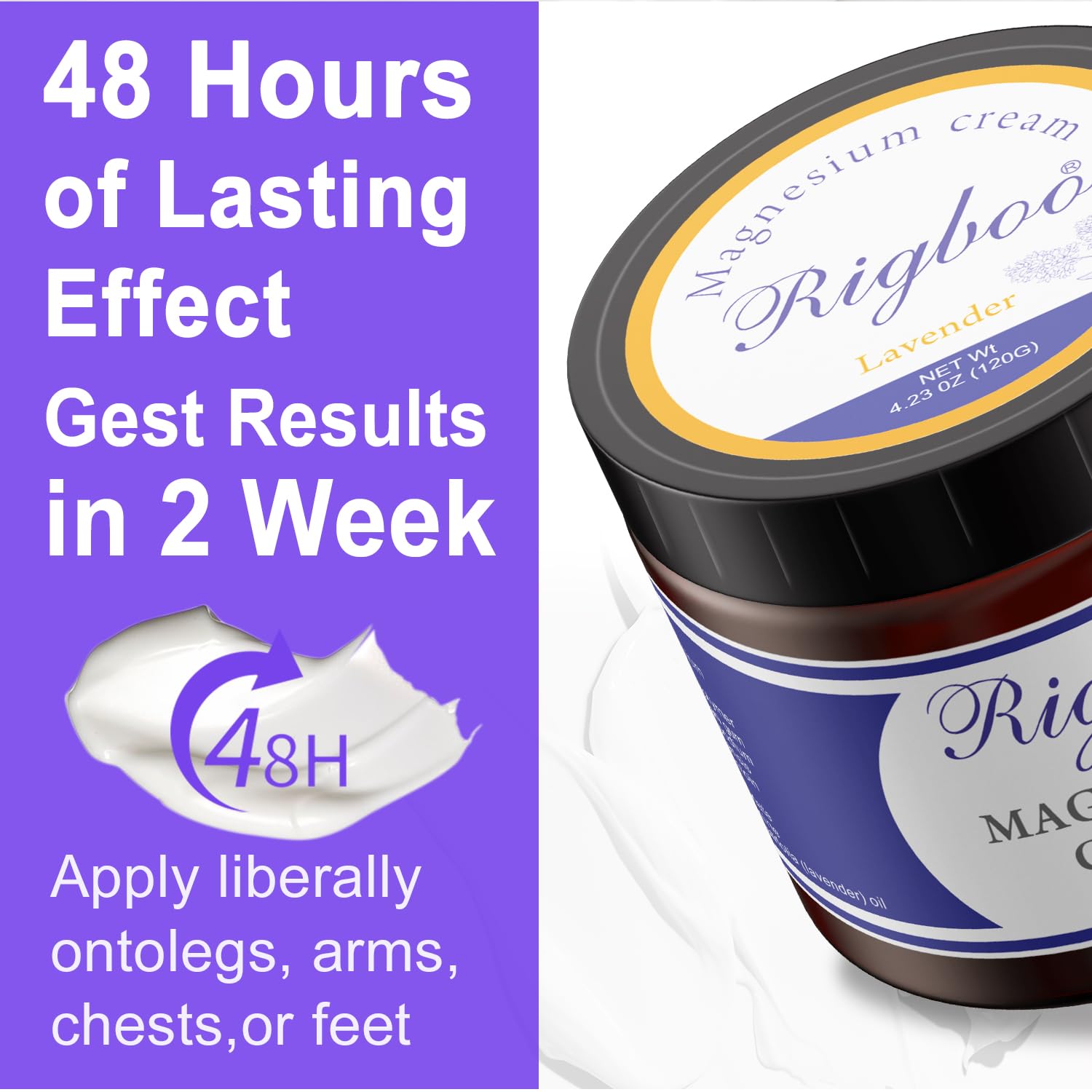 RIGBOO Magnesium Lotion packaging highlights vegan and non-GMO formula.