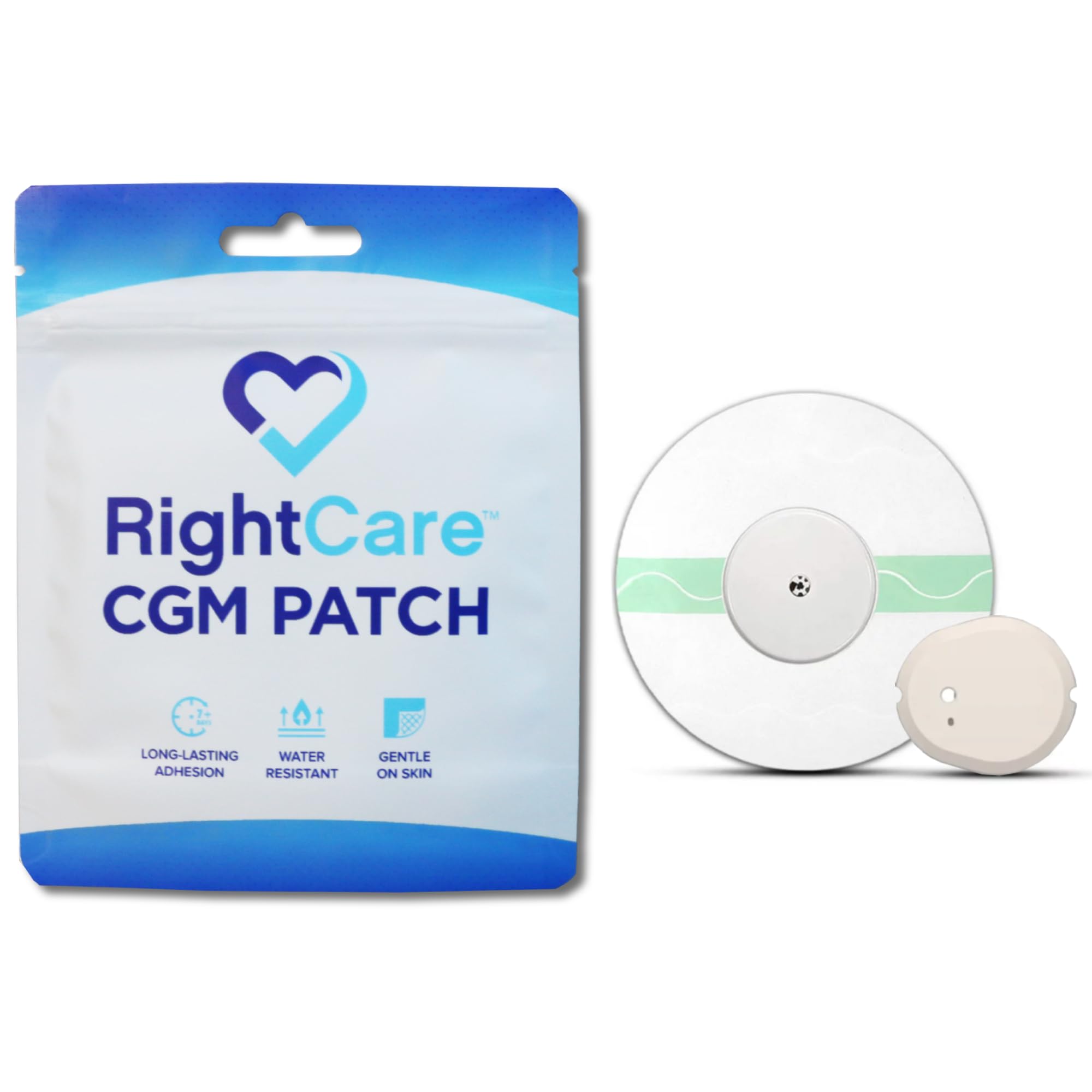 RightCare CGM patch over transmitter for secure wear during daily activities.