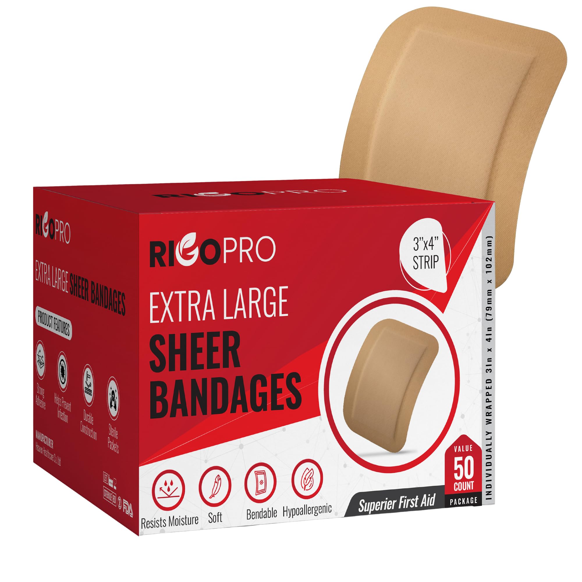 RIGO PRO large 3x4 inch bandage pad for reliable wound coverage.