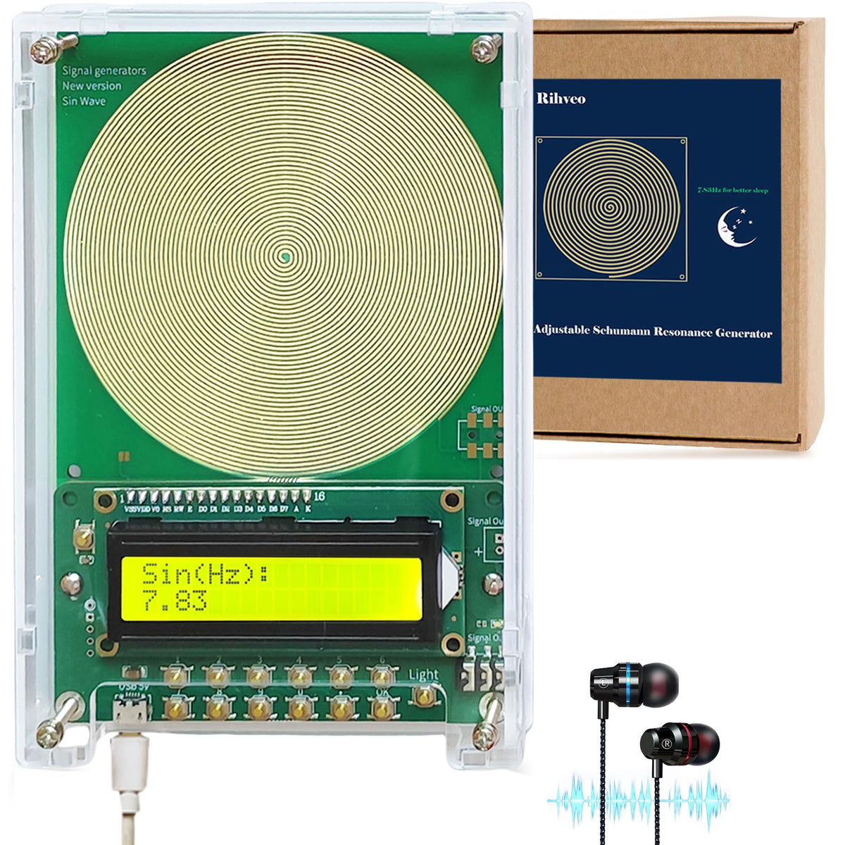 Rihveo 7.83Hz generator close-up for deep relaxation and sleep support