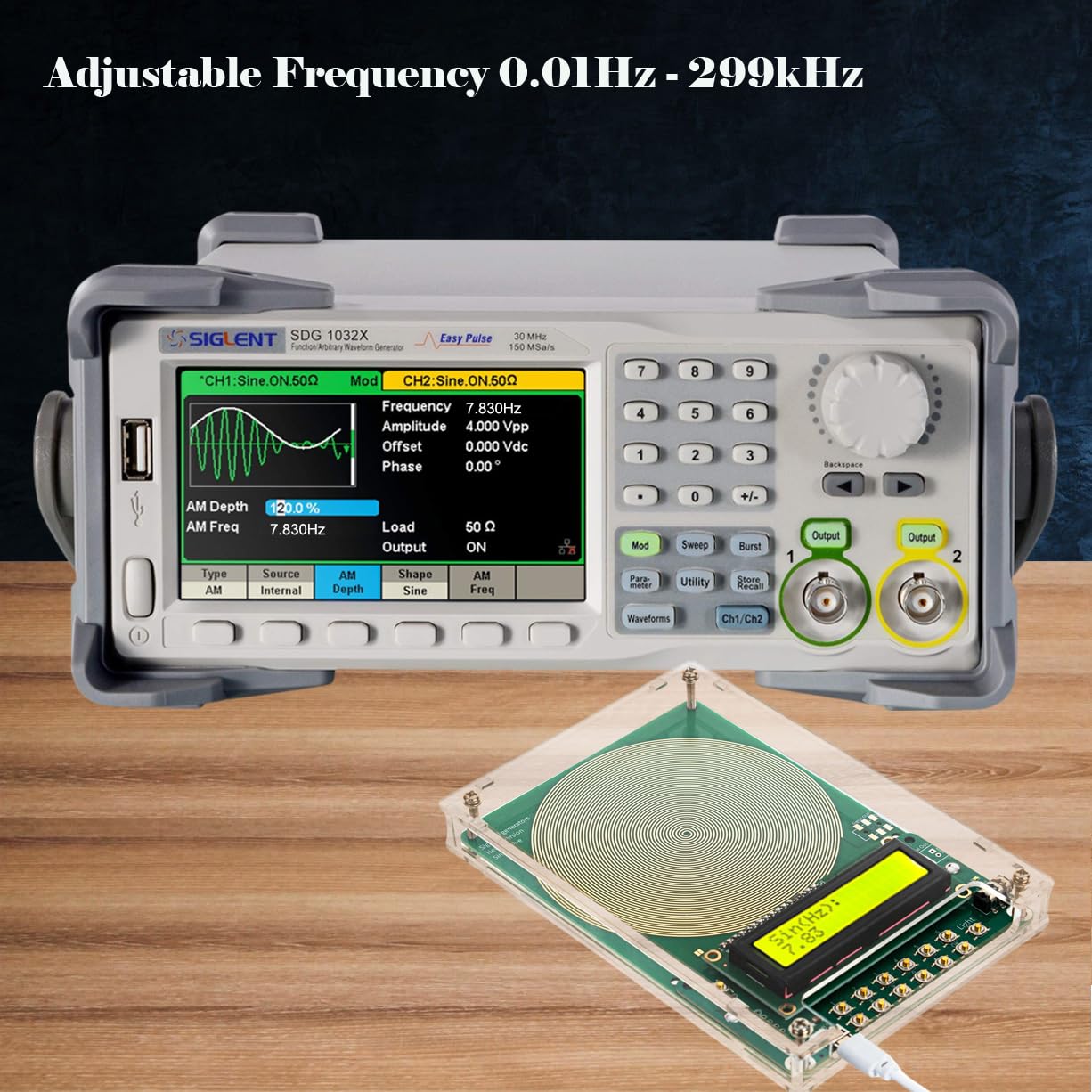 rihveo adjustable dial shows wide 0.01 Hz–299 kHz range for customization.