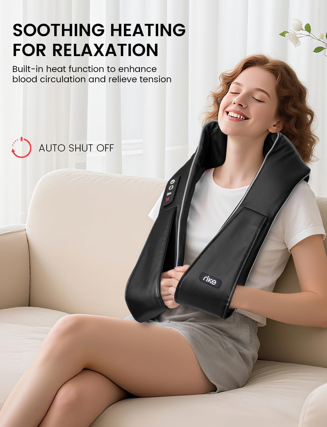 RIKE neck massager with breathable PU leather and mesh for comfort.