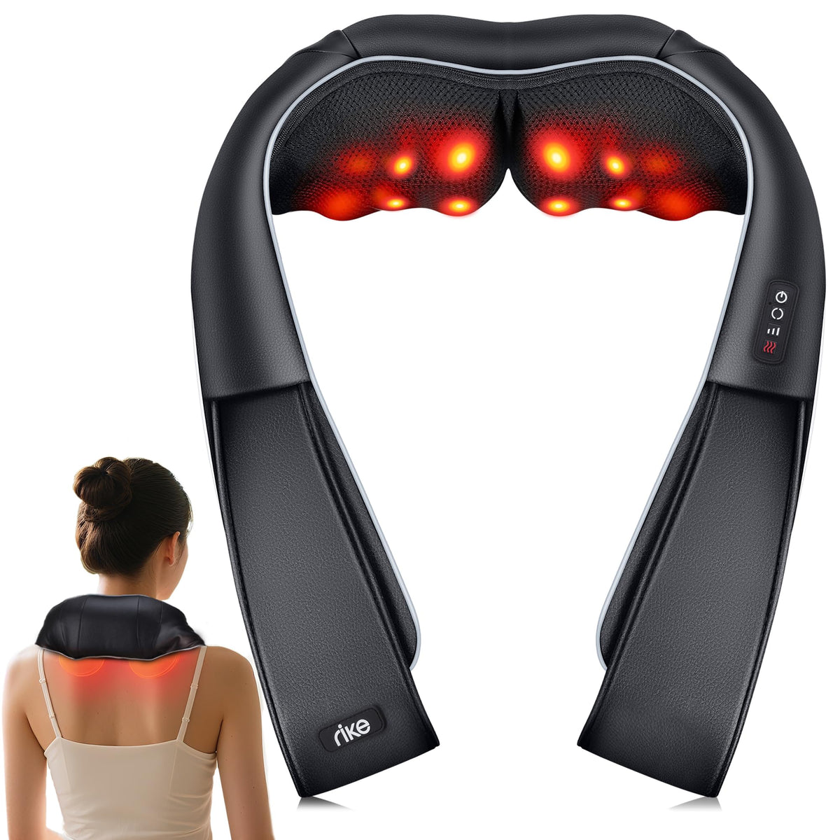 RIKE Shiatsu neck massager with heat showing eight rotating nodes for deep relief.