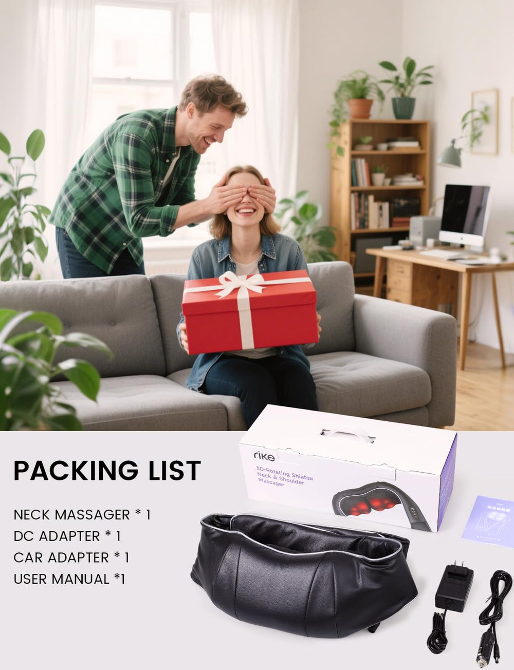 RIKE neck massager used on shoulders and back for relief.