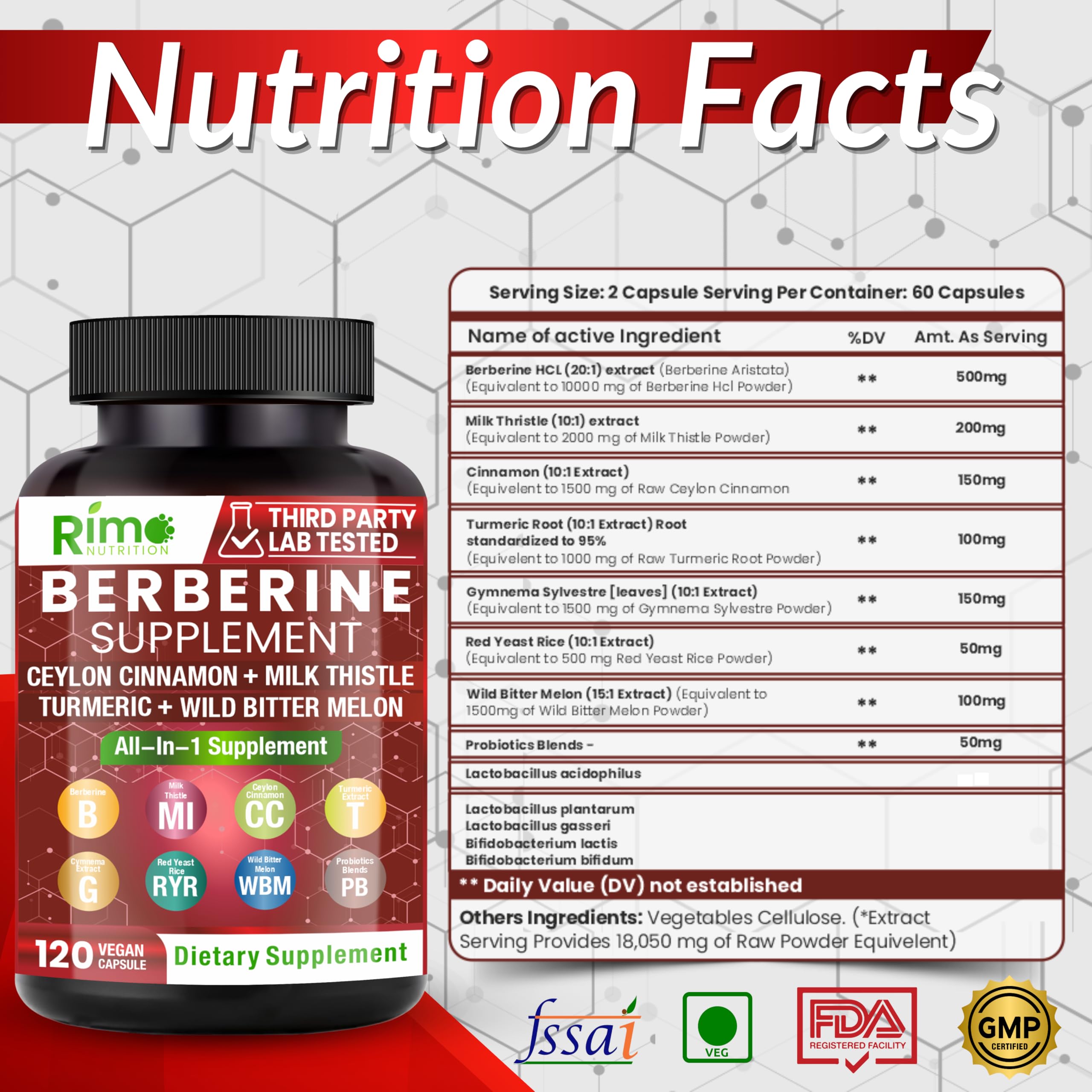 Rimo Nutrition Berberine with Cinnamon capsules showcase an 8-in-1 formula for versatile use.