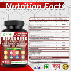 Rimo Nutrition Berberine with Cinnamon capsules showcase an 8-in-1 formula for versatile use.