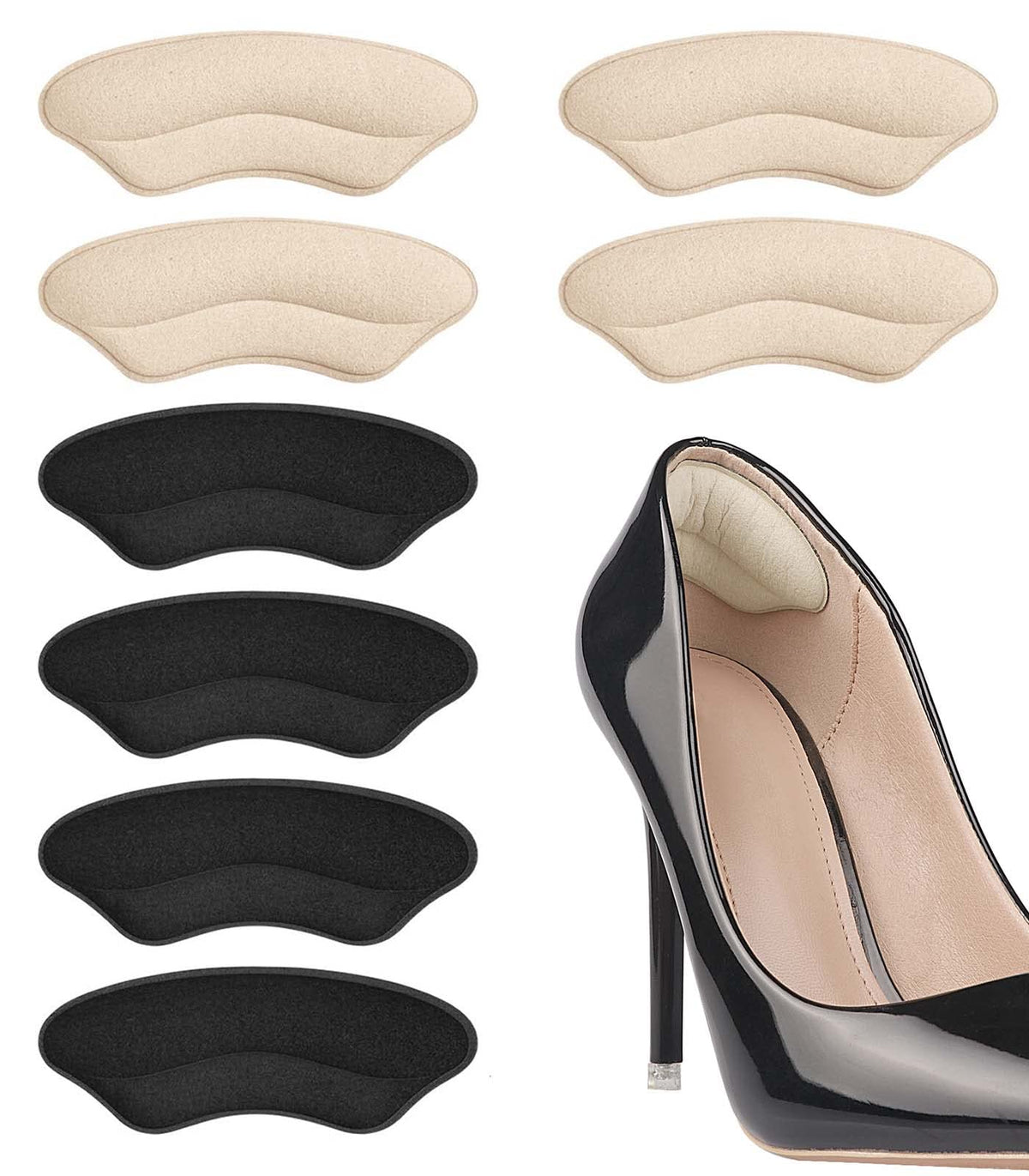 Riootlnm heel grips packaging shows four-pair set for versatile shoe fit