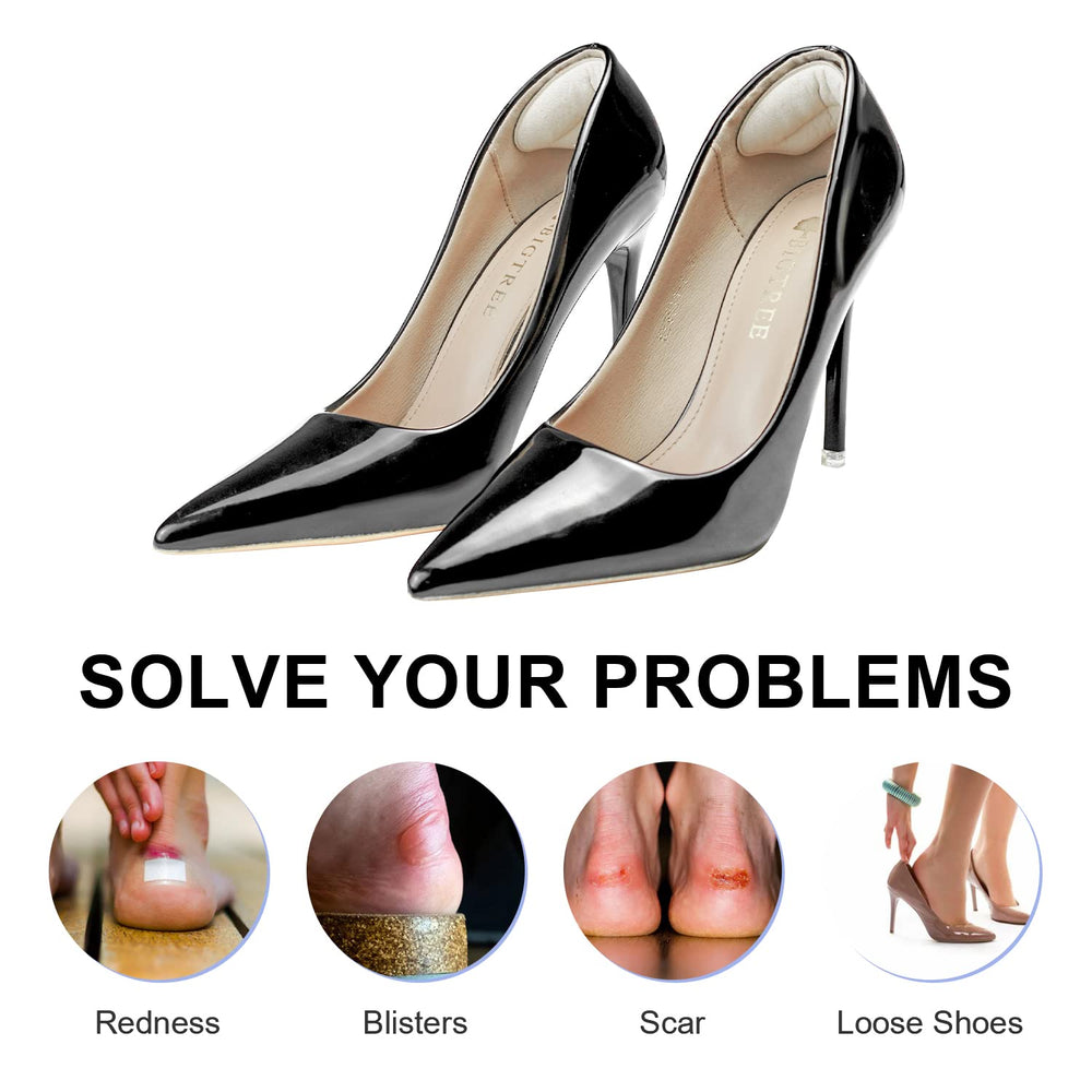 Riootlnm soft suede heel grips shown on shoes to reduce friction.