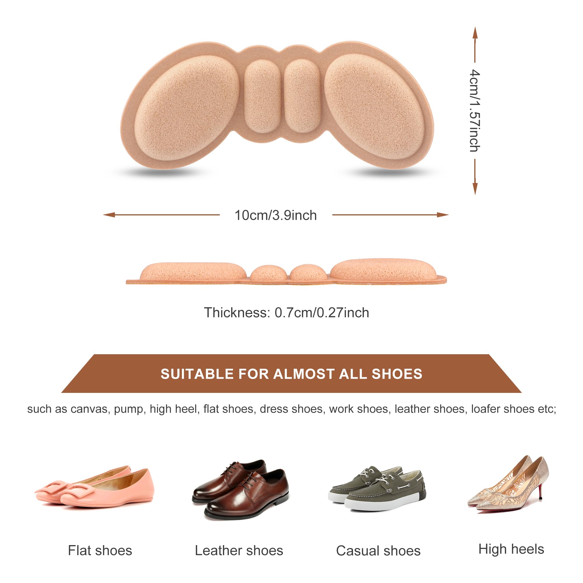Riootlnm heel pads with rounded sponge ends reduce rubbing for comfort.