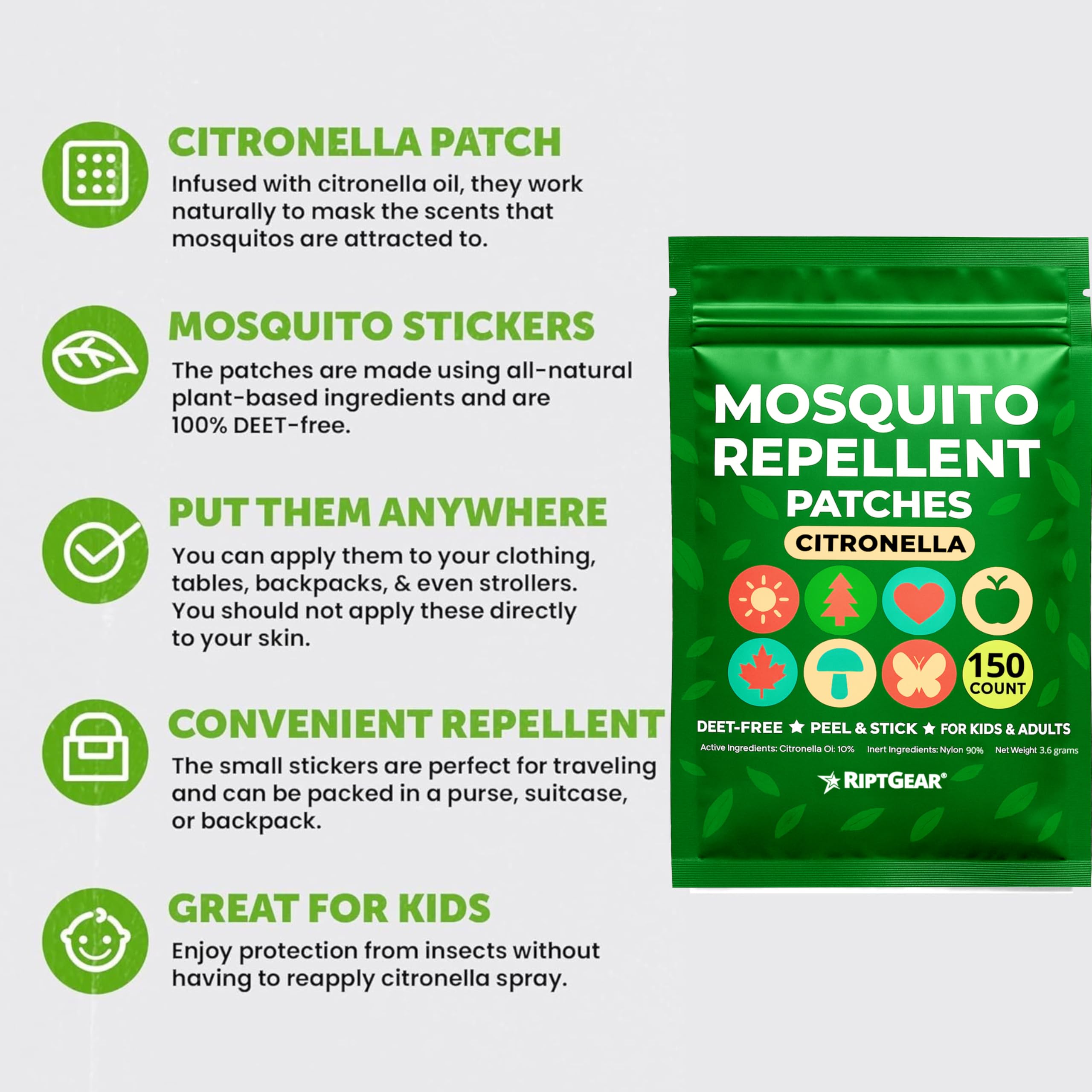 RiptGear Mosquito Patches on backpack offer portable bite defense