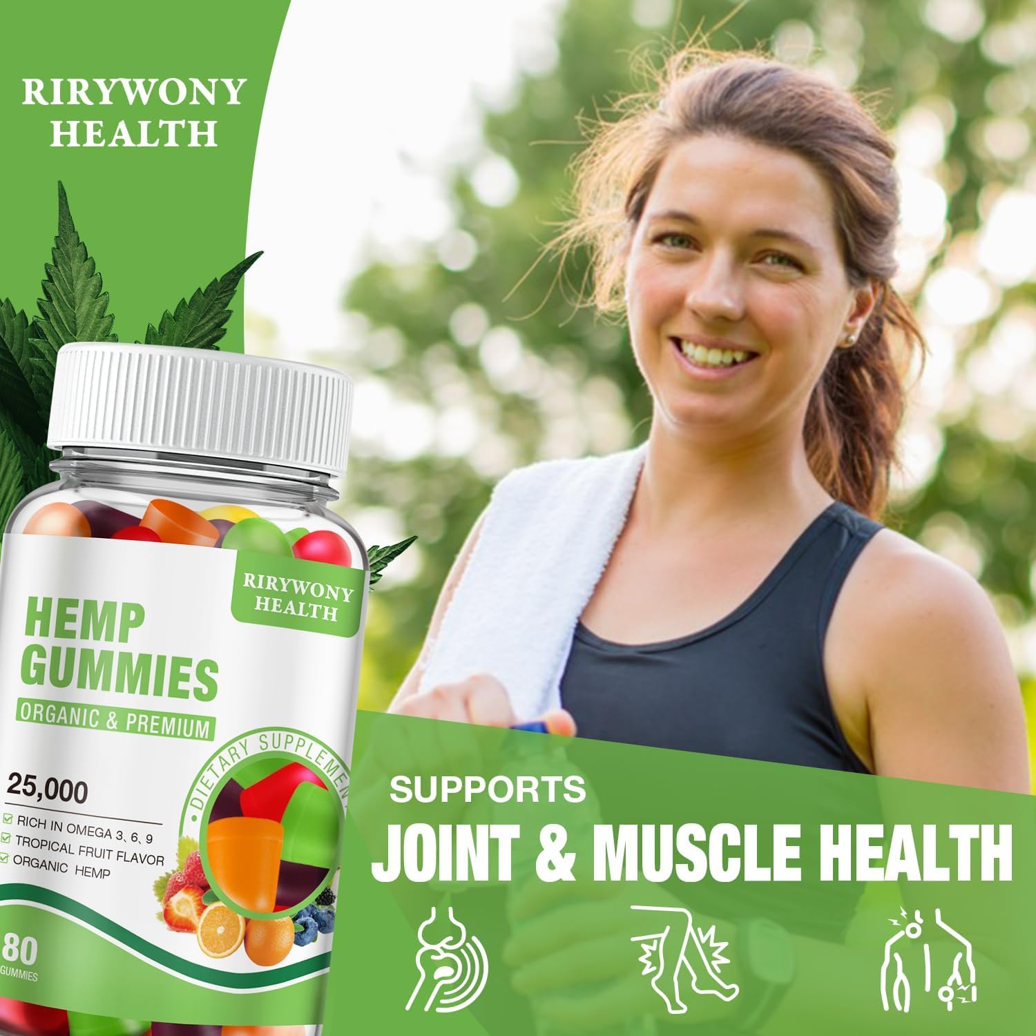 RiRywony Health hemp gummies bottle label close-up, natural fruity flavor for daily enjoyment.