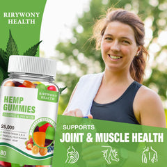 RiRywony Health hemp gummies bottle label close-up, natural fruity flavor for daily enjoyment.