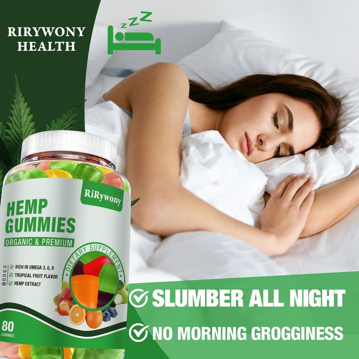RiRywony Health Hemp Gummies bottle on table, easy daily supplement for relaxation and focus.