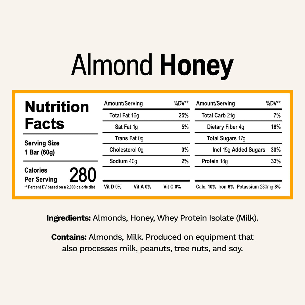 Rise almond honey bar close-up reveals creamy texture and nutty almond honey flavor.