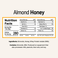 Rise almond honey bar close-up reveals creamy texture and nutty almond honey flavor.