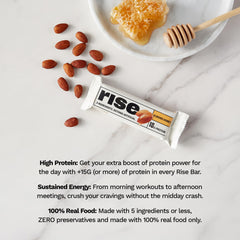 Rise almond honey bar ingredients highlight whey protein isolate and simple components.