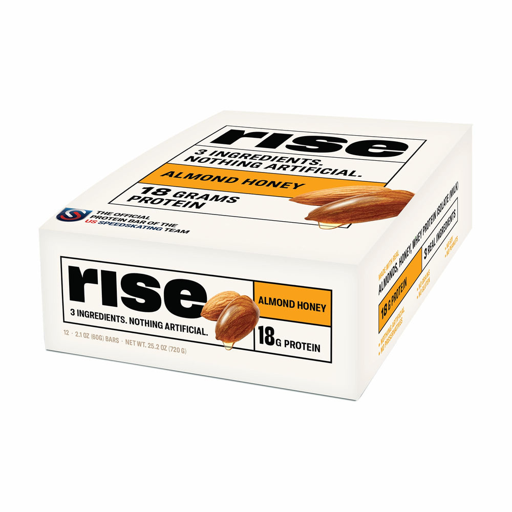 Rise almond honey bar packaging shows clean ingredients for on-the-go protein.