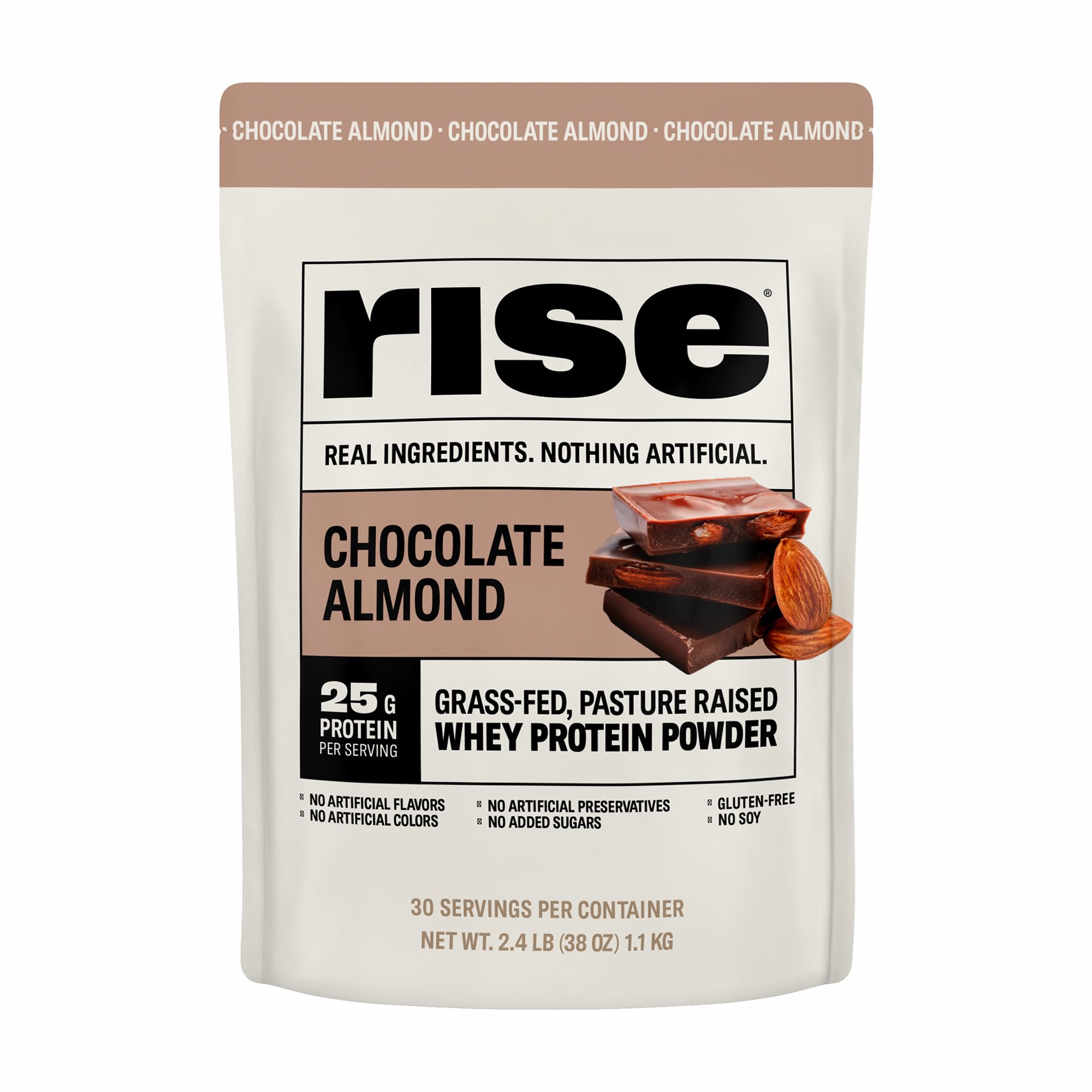 Rise Grass-Fed Whey Chocolate Almond bag showing premium ingredients